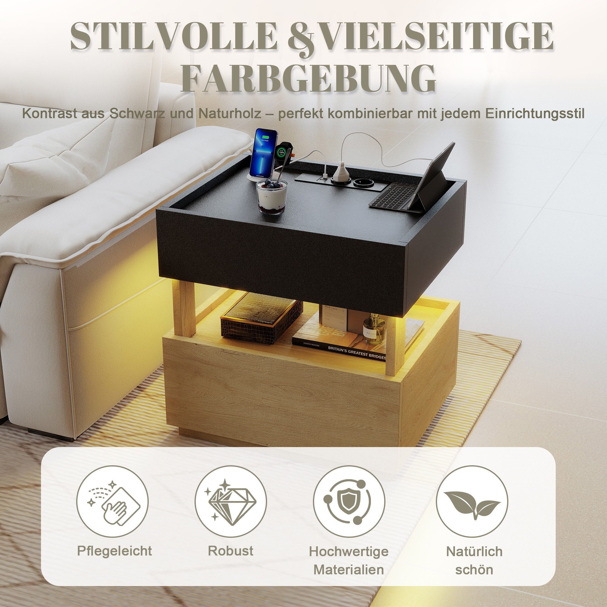 BlingBin Nachttisch Intelligenter Nachttisch mit Qi-Ladefunktion, USB, LED-Stimmungslicht (1er Set, 1-St., 50x40x50 cm), 2 Schubladen, moderner Beistelltisch fürs Schlafzimmer