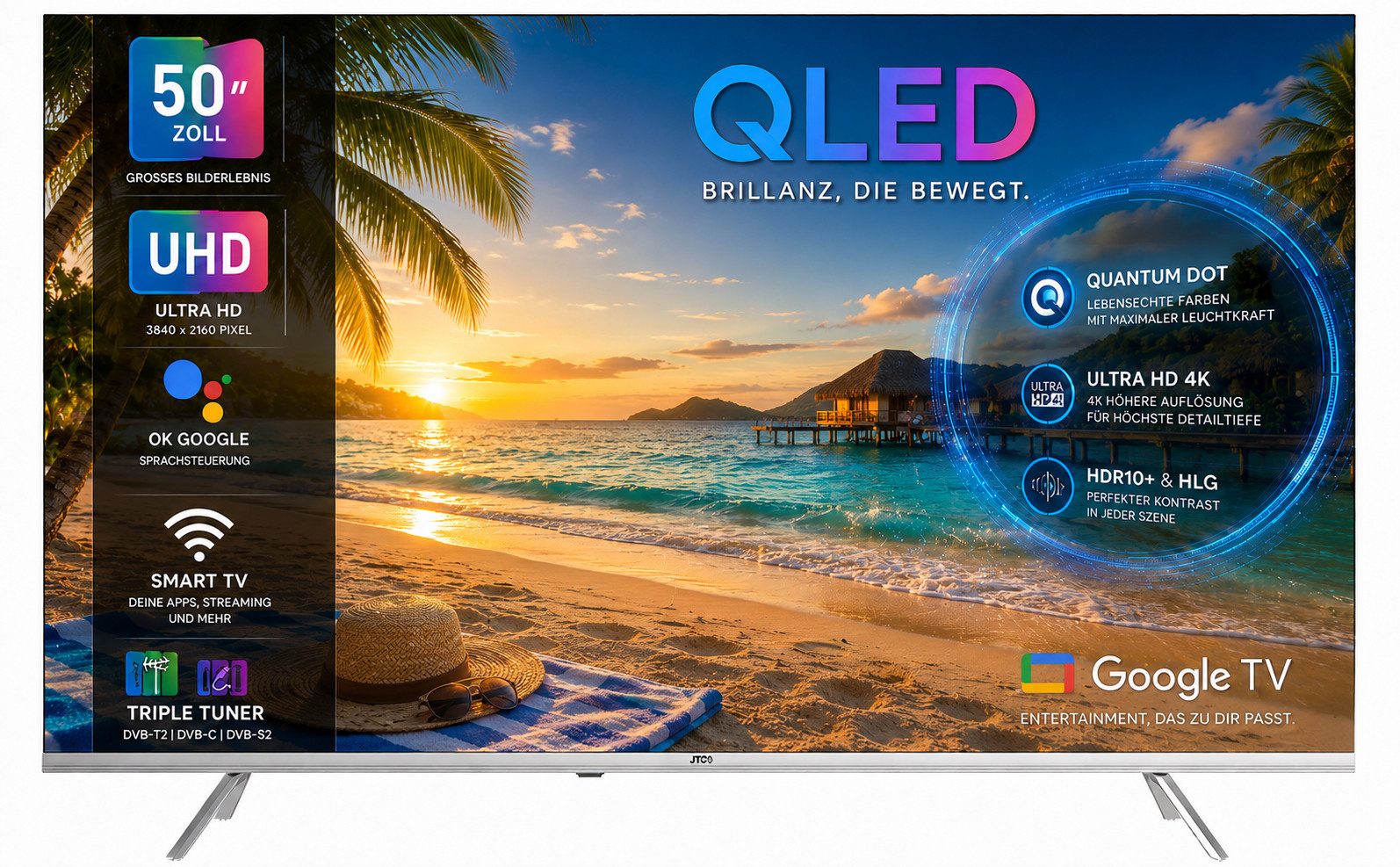 JTC-24 JTCSQ50U39505G QLED-Fernseher (126 cm/50 Zoll, 4K Ultra HD, Smart-TV, Google TV, Dolby Vision, Bluetooth, Triple Tuner, Sprachsteuerung)