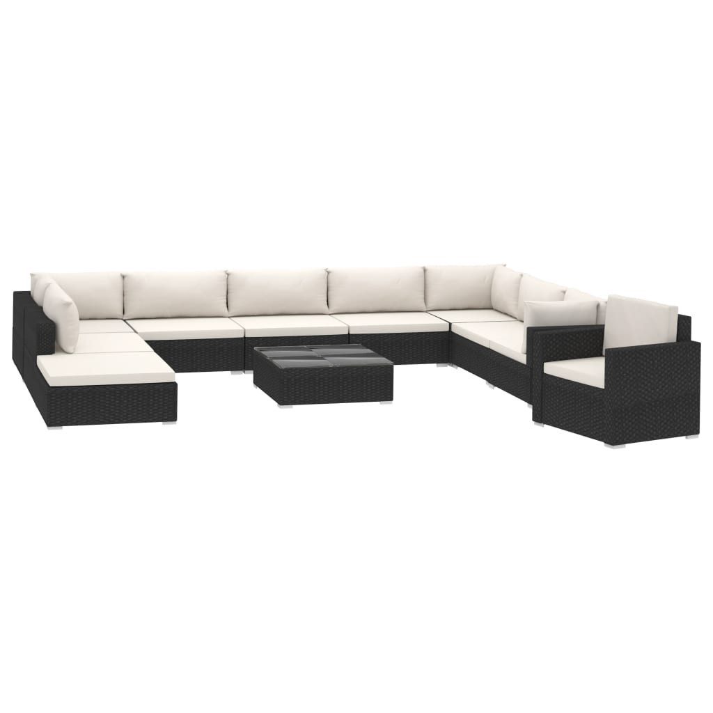 vidaXL Gartenlounge-Set, 11-tlg. Garten-Lounge-Set mit Auflagen Poly Rattan Schwarz