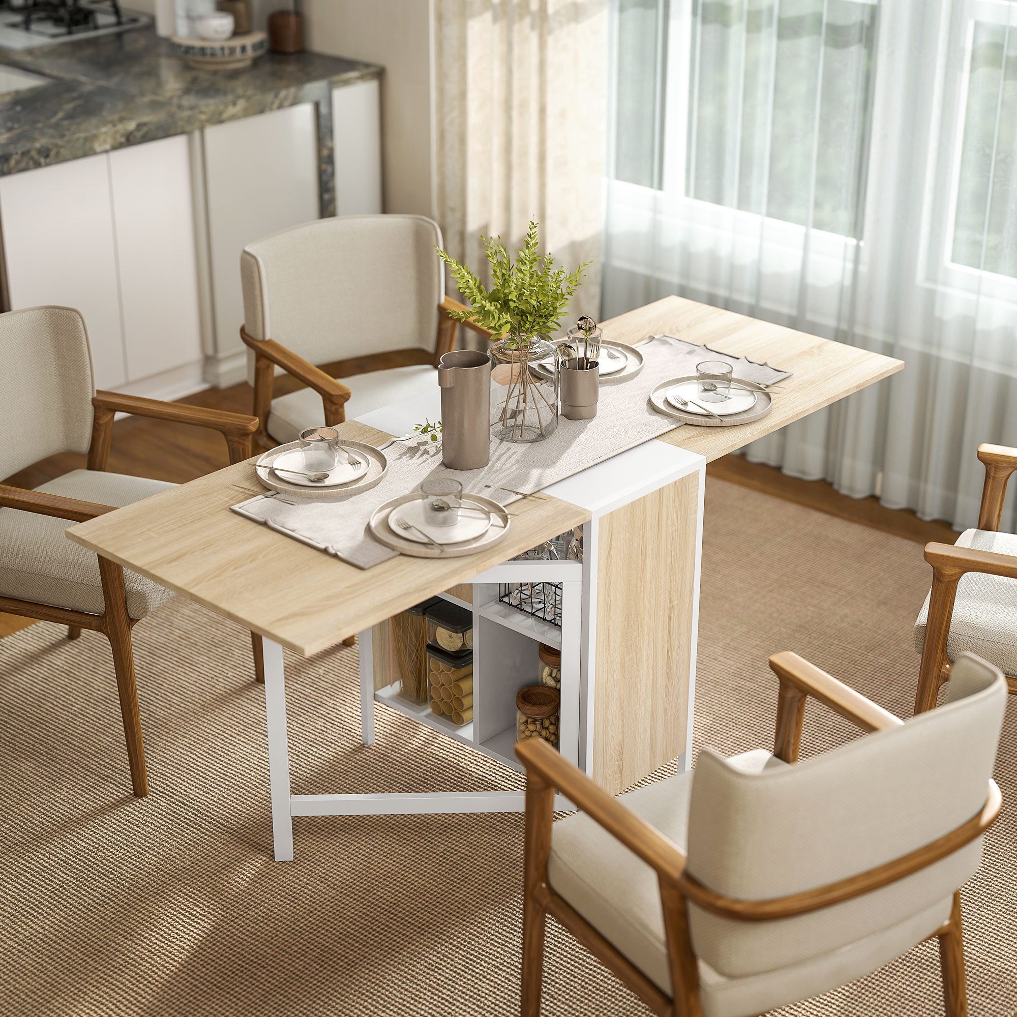HOMCOM Klapptisch Klappbar Küchentisch mit Offenen Ablage, platzsparend (Esszimmertisch, 1-St., Esstisch), Natur+Weiß 169 x 60 x 75 cm
