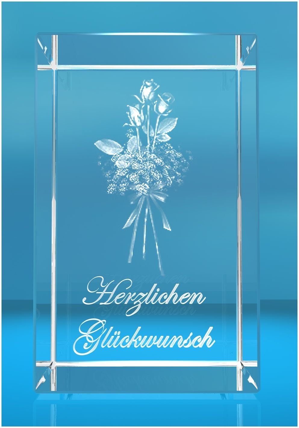 VIP-LASER Dekofigur 3D Glasquader I Rosenstrauss I Text: Herzlichen Glückwunsch, Hochwertige Geschenkbox, Made in Germany, Familienbetrieb