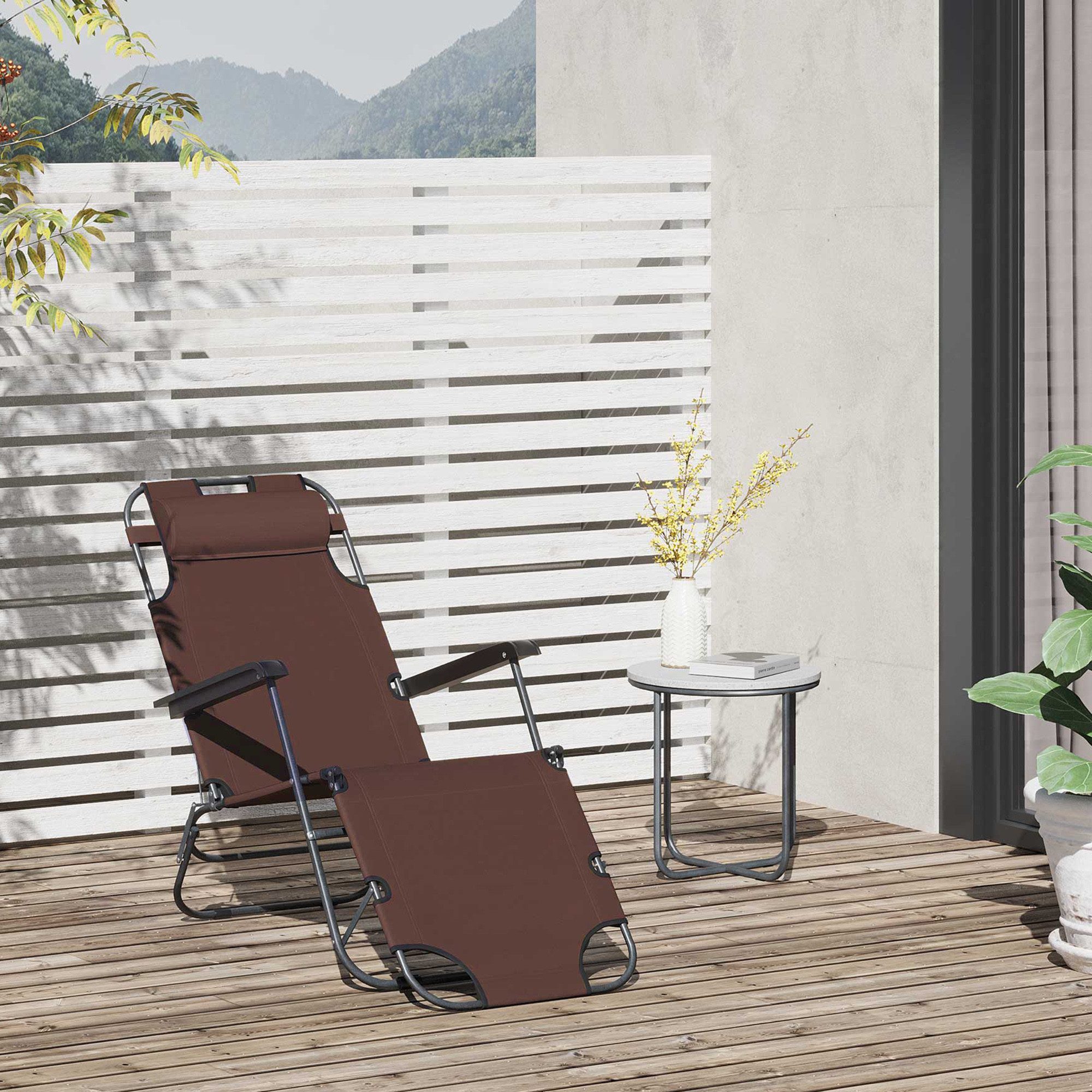 Outsunny Gartenliege Sonnenliege mit Kissen, Klappbar, Strandliege, 1 St., Relaxliege, Metall + Oxfordstoff, Braun 135 x 60 x 89 cm