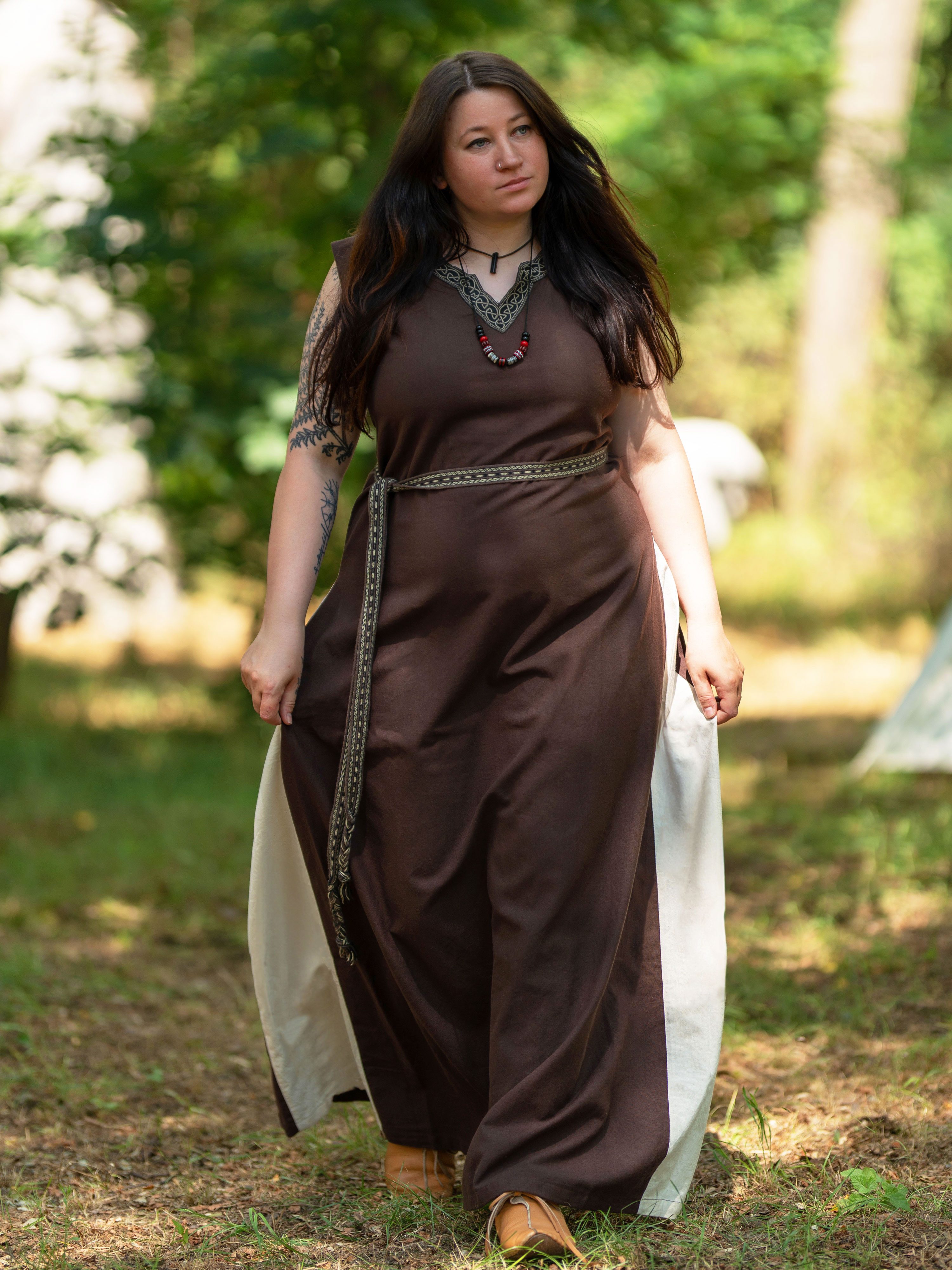 Vehi Mercatus Burgfräulein-Kostüm Mittelalter Kleid mit Schnürung ärmellos Braun / Natur "Juta"