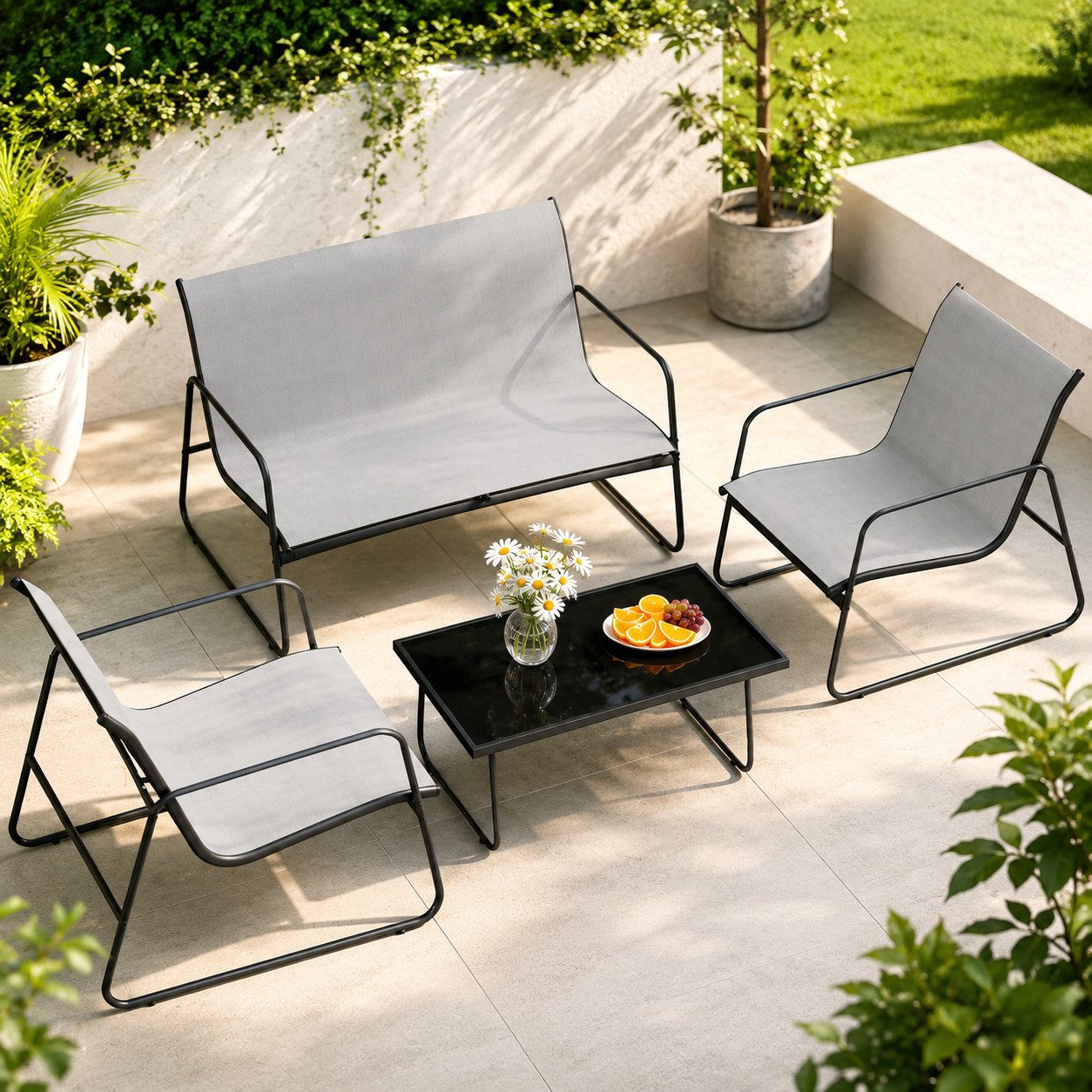 ZAISZE Gartenlounge-Set Gartenmöbel Set 4er, Balkonmöbel Set für 4 Personen, (2 Stühlen & 1 Bank & 1 Tisch), Dunkelgrau Terrassenmöbel für Garten Balkon Terrasse