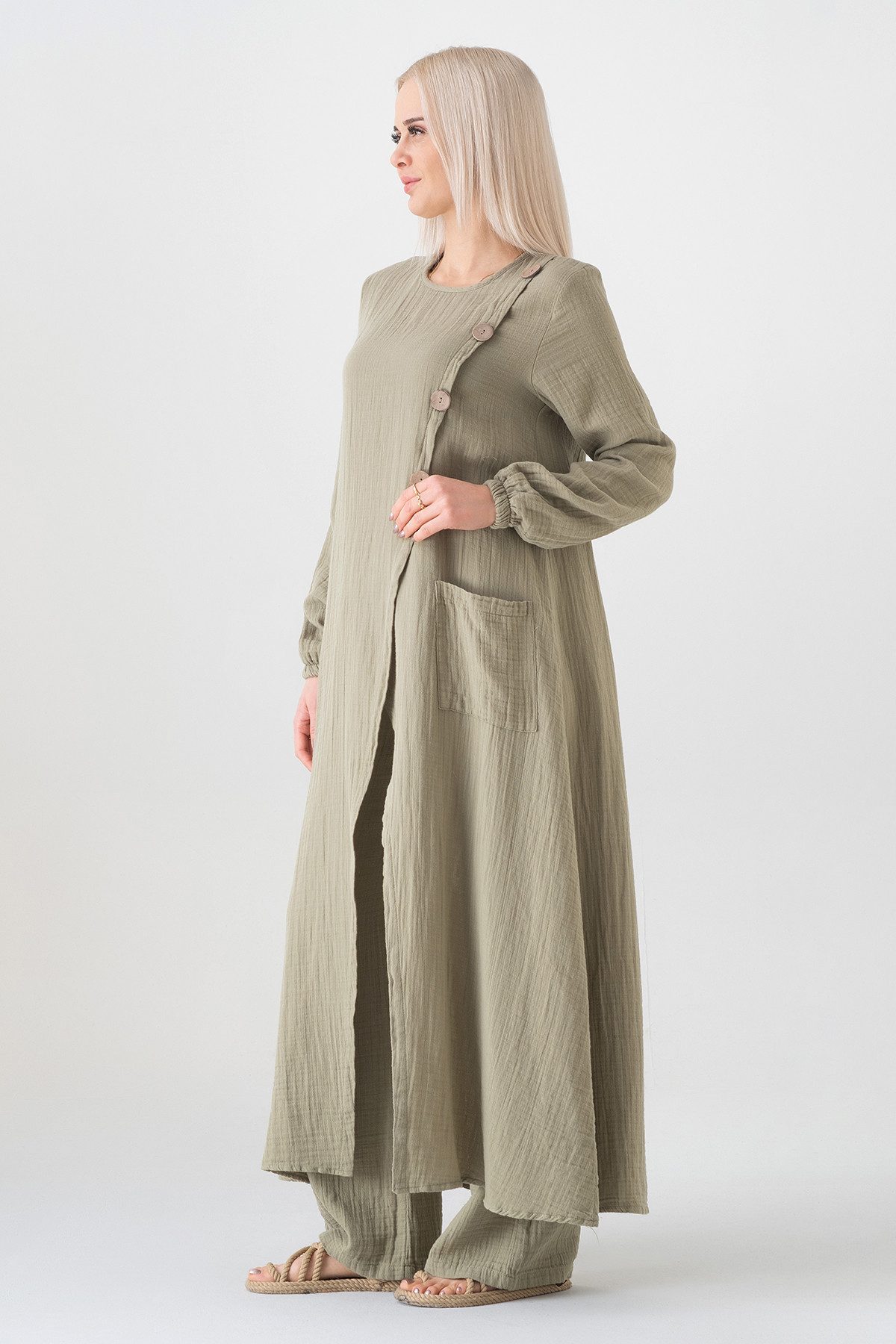 WENOR Longtunika Musselin mit Frontschlitz, Knopfdetail, 100 % Baumwolle, 130 cm Frontschlitz, asymmetrisches Knopfdesign, extra lang