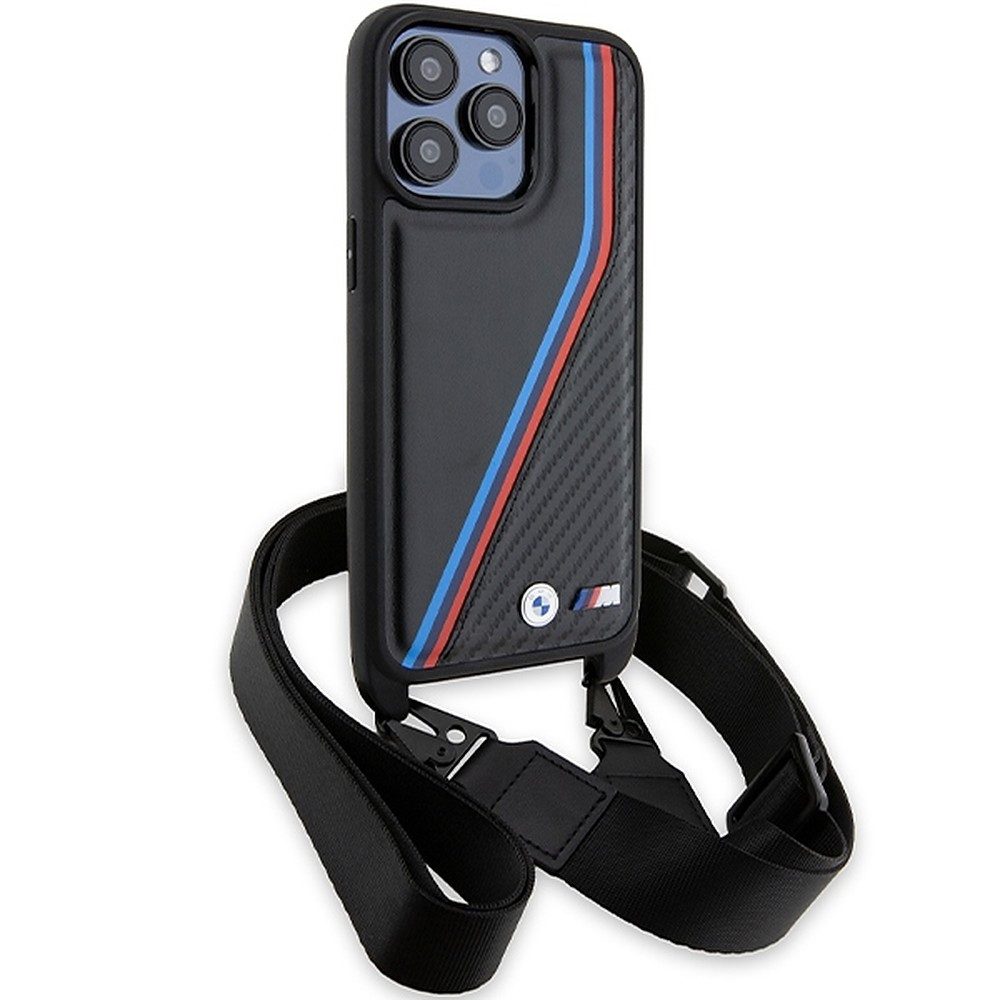 BMW Handyhülle Schutzhülle Trageriemen, BMW Lizenz-Design, Carbon-Optik, inkl. Umhängeband