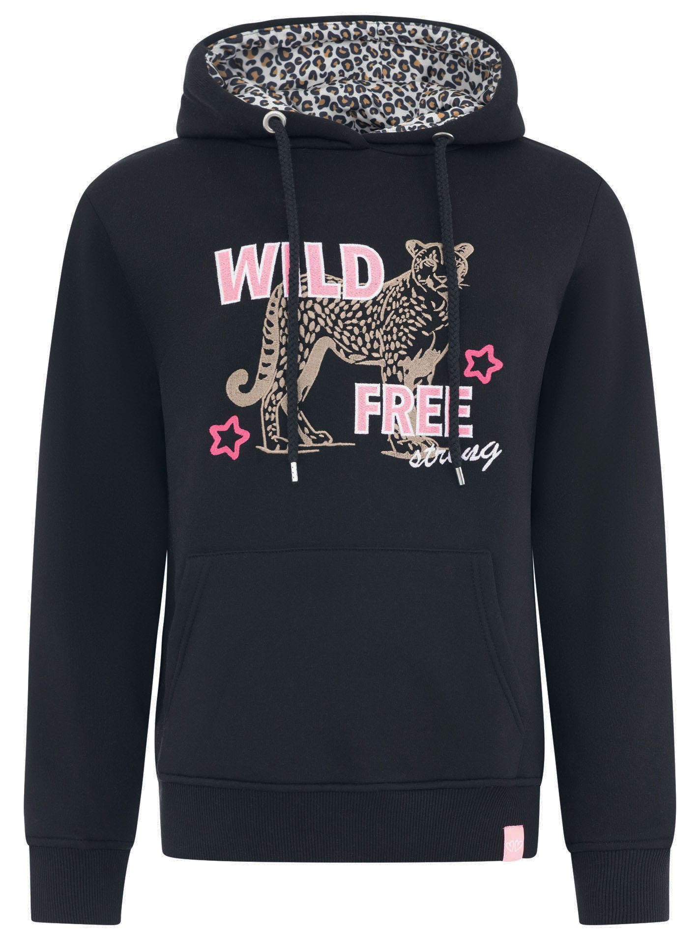 Zwillingsherz Hoodie "Wild Free" gestickter Leopard, Statement Schriftzug, Kapuze
