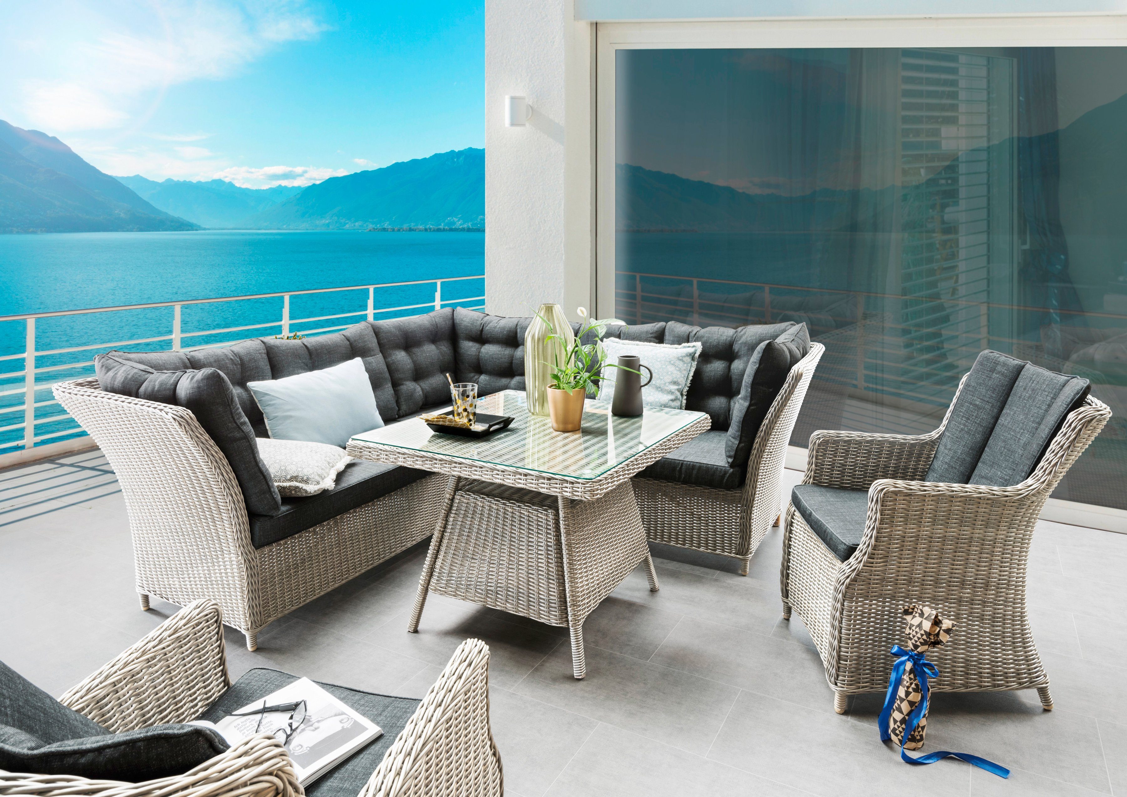 Destiny Garten-Essgruppe PALMA LUNA, (16-tlg., 2x Schenkel, 1x Eckmodul, 2x Sessel, 1x Tisch, inkl. Auflagen), Aluminium, Polyrattan