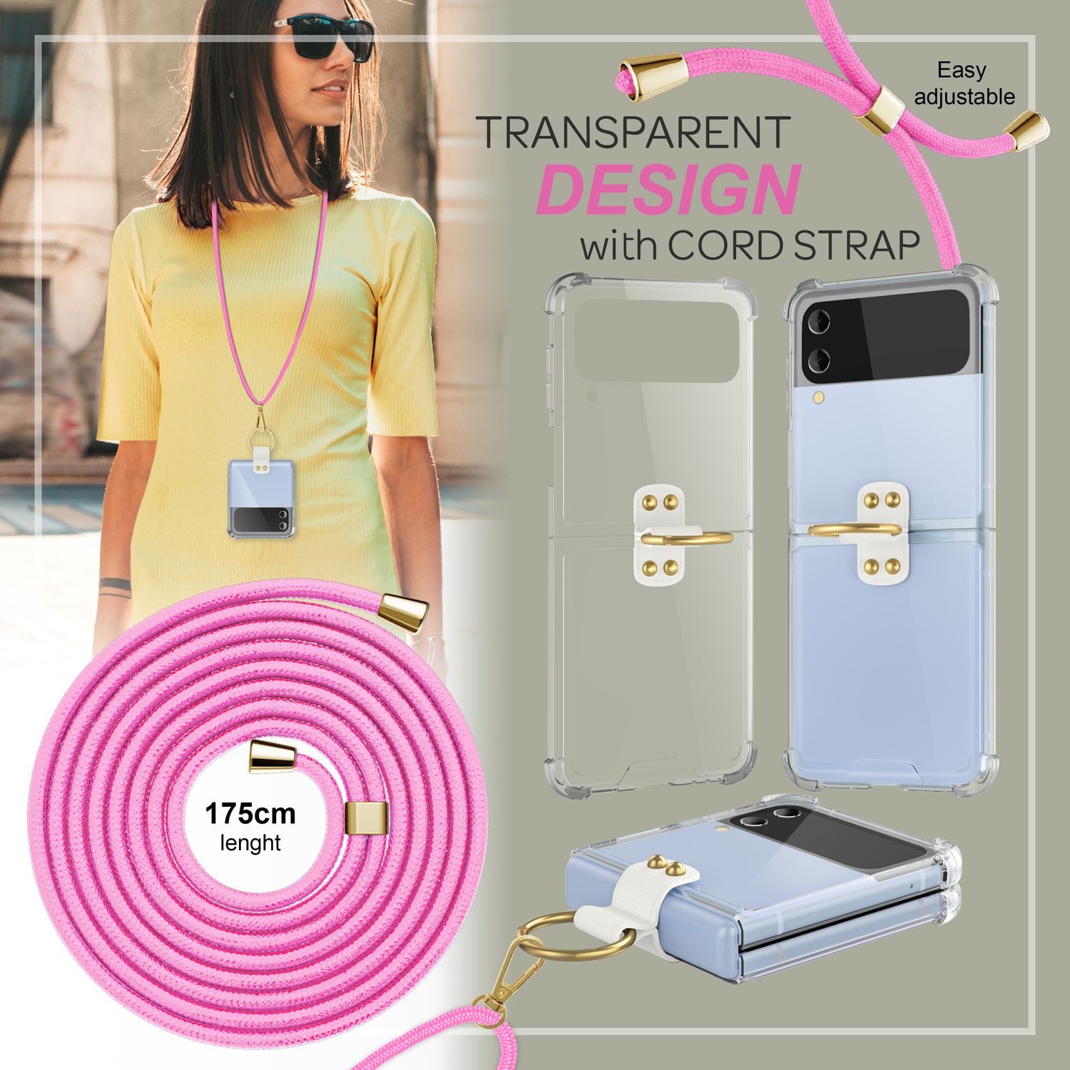 Nalia Backcover Samsung Galaxy Z Flip4 17 cm (6,7 Zoll), Klare Hülle mit Kette zum Umhängen / Ring als Fingerhalter / Handyband