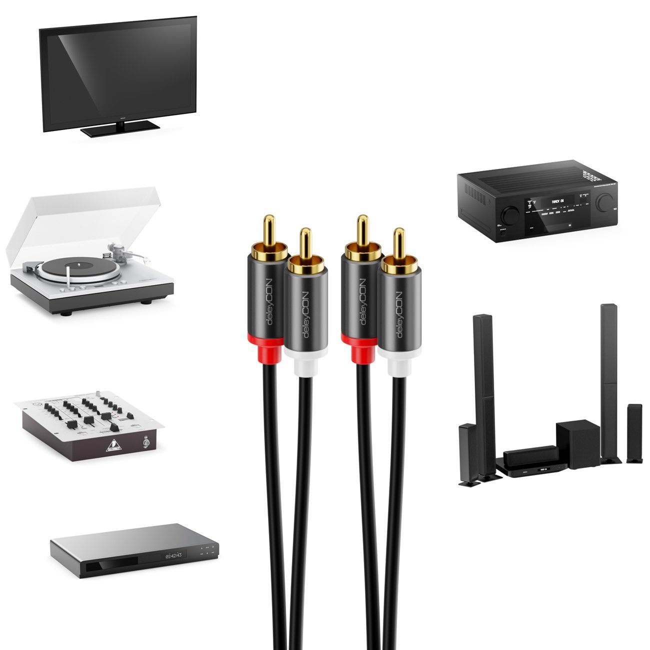 deleyCON deleyCON 7,5m Cinch Kabel RCA HiFi Audio Kabel Audiokabel Heimkino Audio- & Video-Kabel