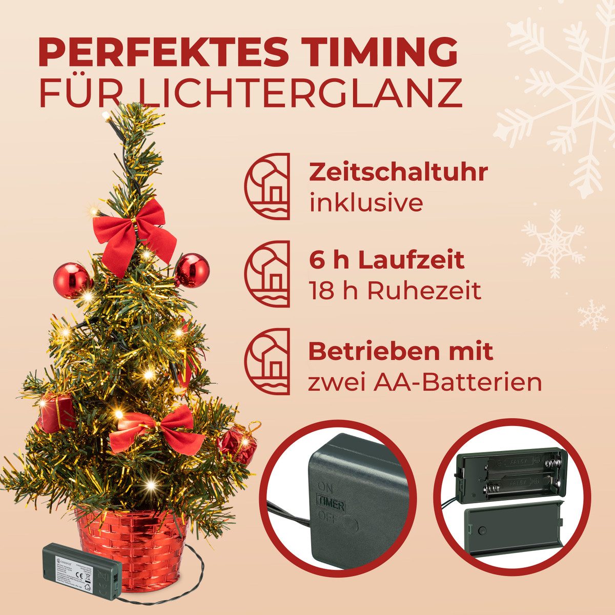 Casaria Künstlicher Weihnachtsbaum, 36 cm mit LED Lichterkette Geschmückt Rot mit Topf Mini Tannenbaum PVC