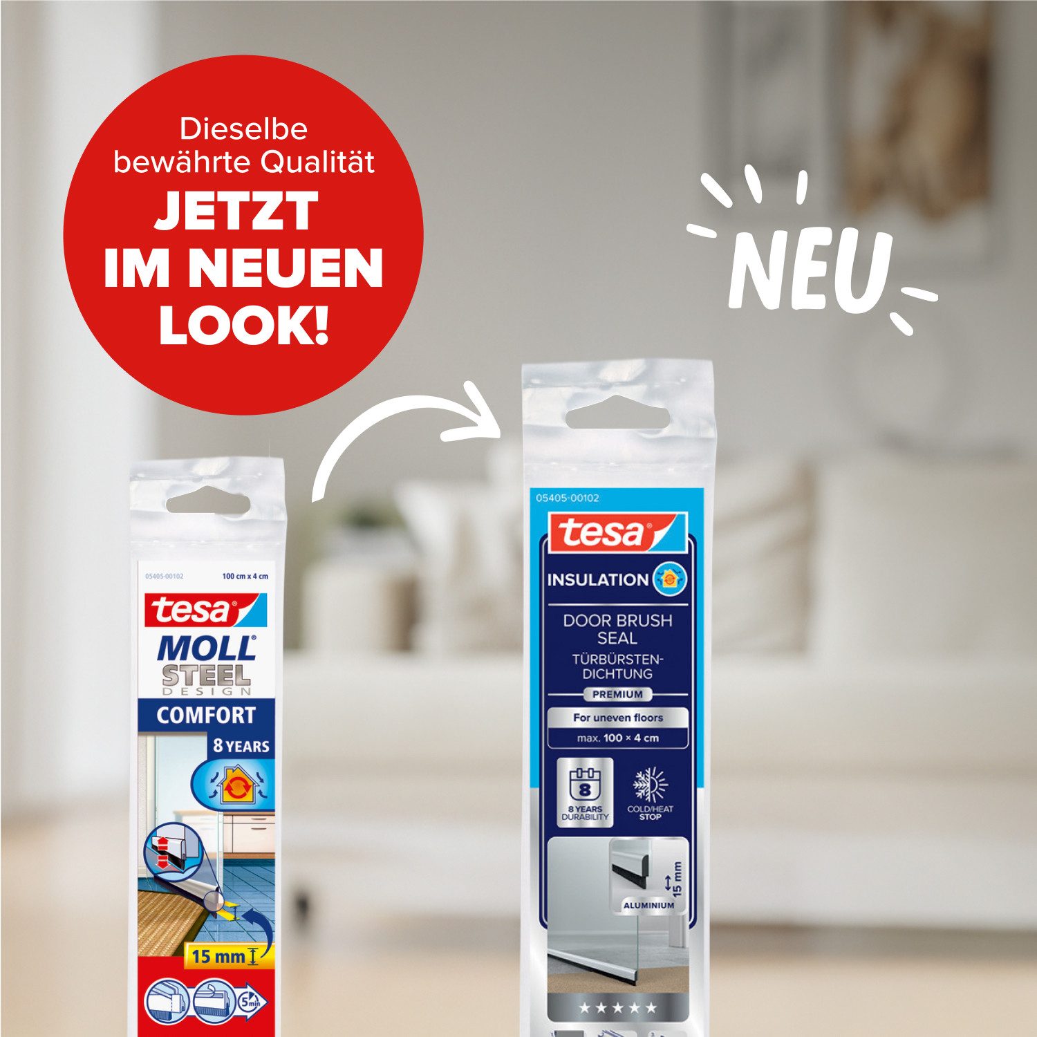 tesa Türbodendichtung INSULATION Premium Türdichtschiene für unebene Böden, L: 100 cm, (Packung, 1-St., Türdichtung Edelstahl - mit Bürstendichtung bis 15 mm), Selbstklebende Alu-Türdichtung zum Schutz vor Zugluft