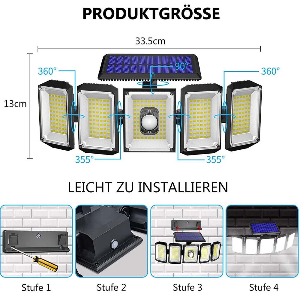Rosnek LED Außen-Wandleuchte Solar, 5 Köpfe, Bewegungssensor, für Garage Te günstig online kaufen