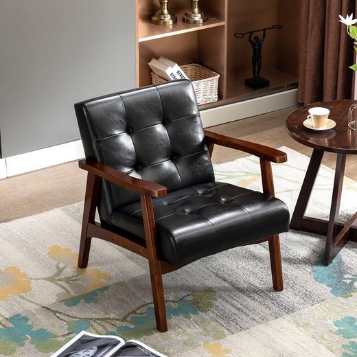HOMEMIYN Loungesessel Retro Holzsessel Loungesessel Polsterstuhl Schwarz