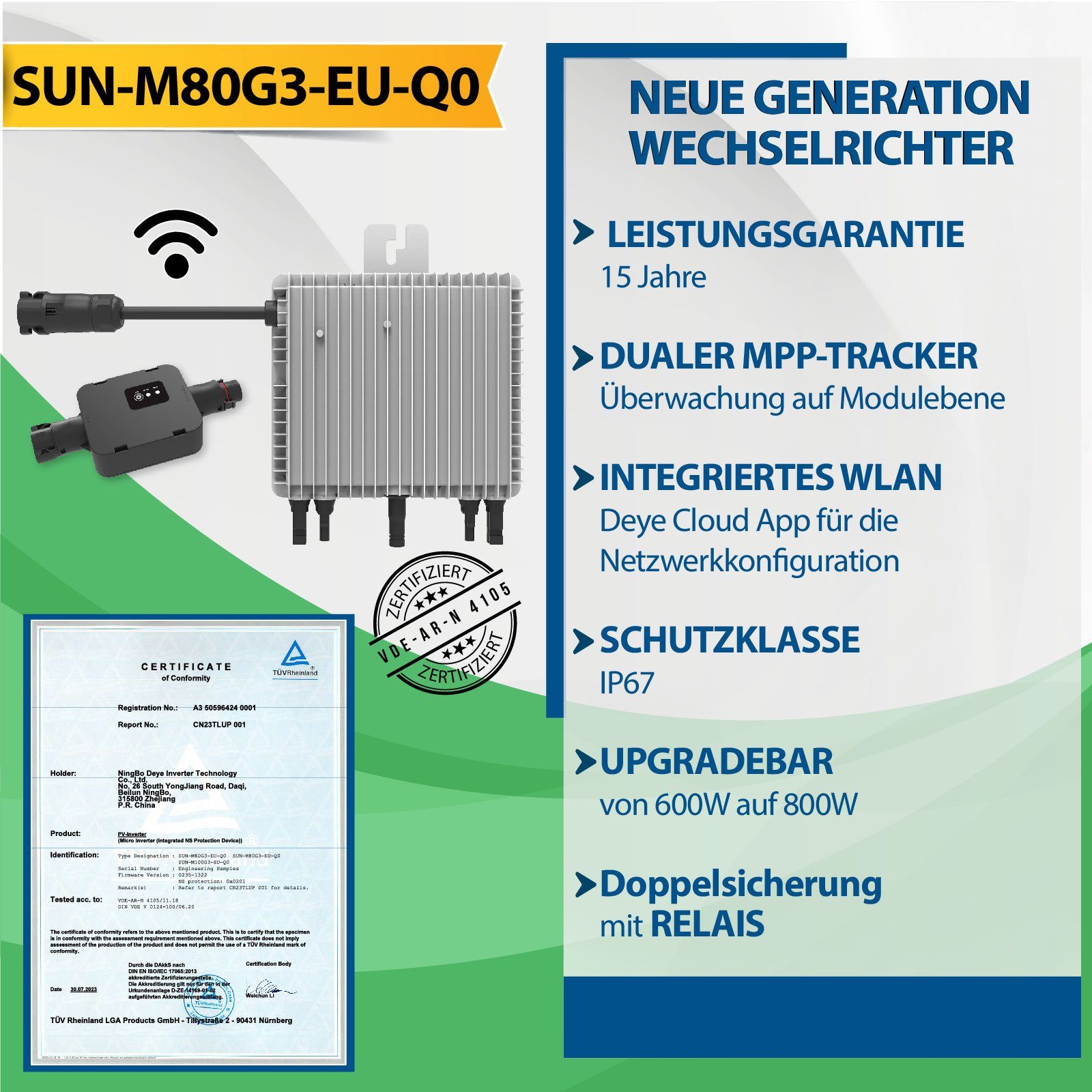 Campergold Solaranlage 1000W Neu mit Deye Balkongeländer Eckig, Generation 800W Wechselrichter WIFI PV-Montage Komplettset Relais Balkonkraftwerk
