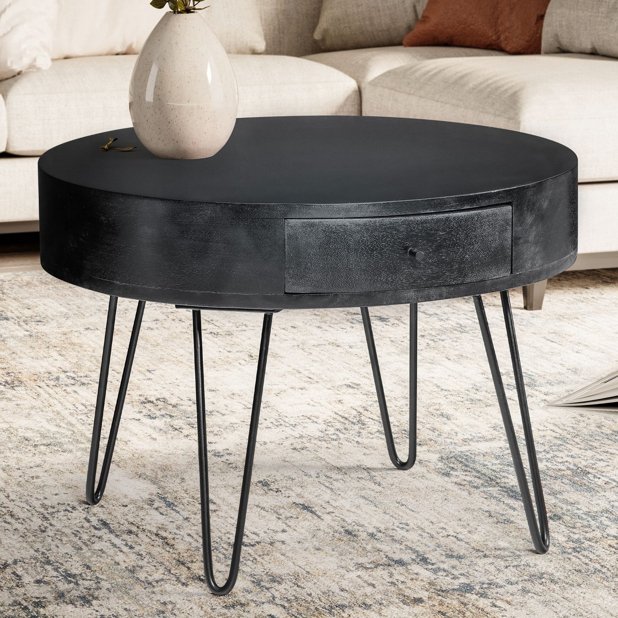 FINEBUY Couchtisch FB106176 Massivholz rund Ø 60 cm Wohnzimmertisch Schublade Schwarz (Massivholz Mango 60x60x43 cm, Tisch mit Schublade), Kleiner Wohnzimmertisch, Sofatisch Haarnadelbeine