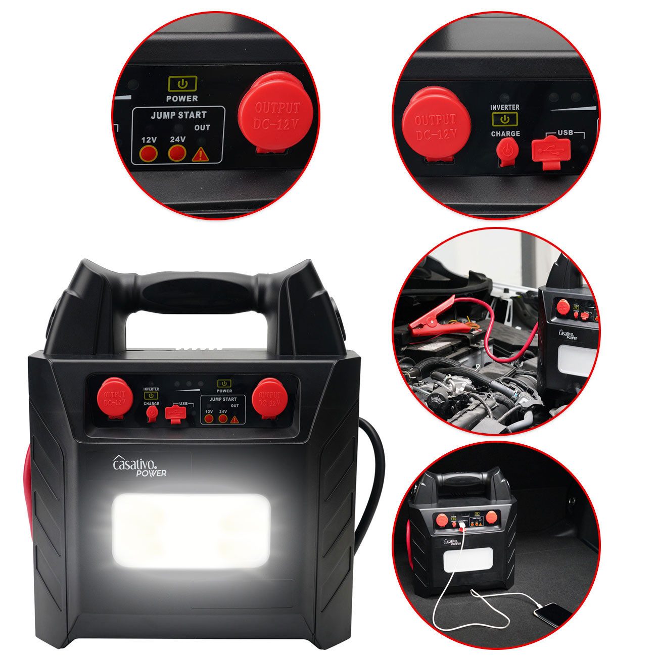 Casativo 5-in-1 Pkw Starthilfegerät 2000A mit 40Ah Starthilfe Powerbank USB Autobatterie-Ladegerät (Starthilfe-Dauerstrom 600 A, Spitze 2.000 A, für 12/24-Volt- – Bild 2 von 5
