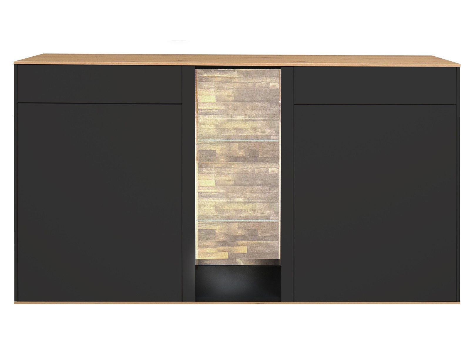 Storado Sideboard Faro 159–169×90×42cm, Sideboard mit Glasfach, Farbe wählbar, LED-Beleuchtung, Push-to-open und gedämpfte Türen