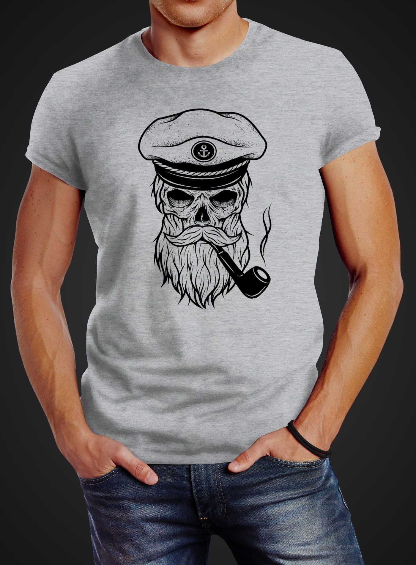 Neverless® Print-Shirt Print Neverless mit Slim T-Shirt Kapitän Herren Fit Hipster Totenkopf Skull Captain grau