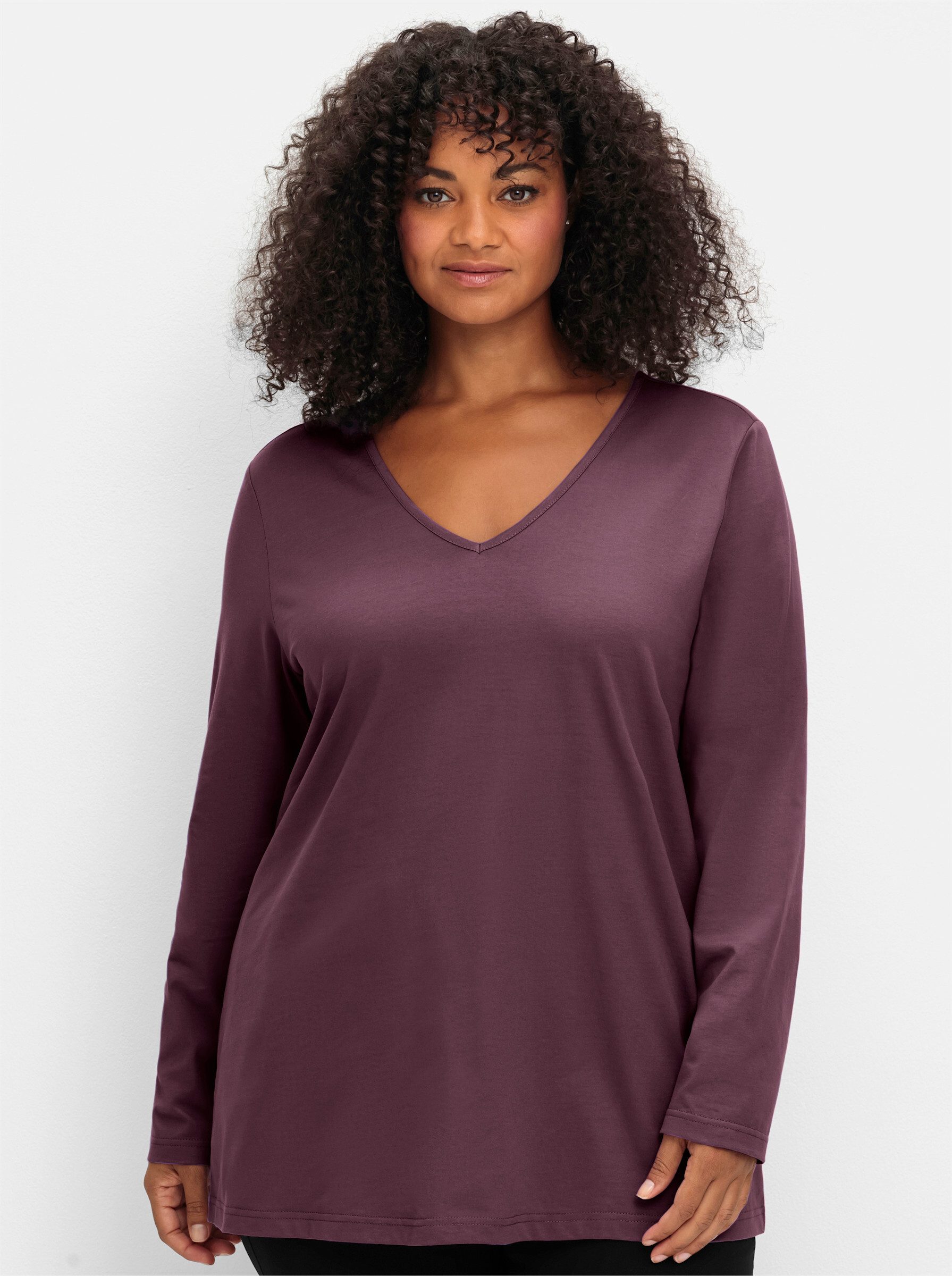 Sheego T-Shirt Langarmshirt Langarm mit V-Ausschnitt und leichter A-Linie