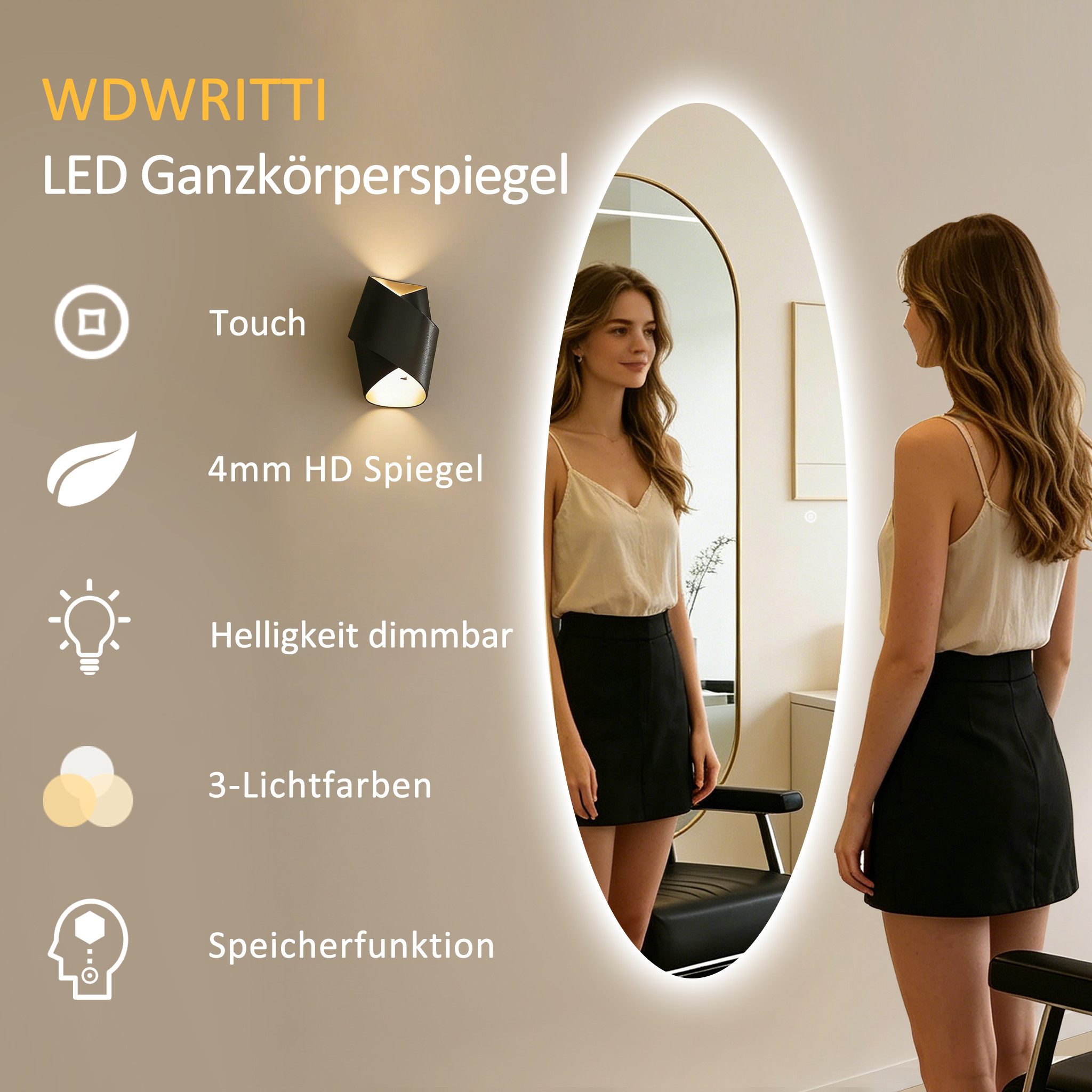 WDWRITTI Spiegel groß für Friseurladen Friseurspiegel Hotel Schlafzimmer Wohnzimmer (Wandspiegel mit LED Beleuchtung asymmetrisch rahmenlos, 1-St., 165x65, 165x60, 145x60cm), 3Lichtfarben, Dimmbar, Speicherfunktion