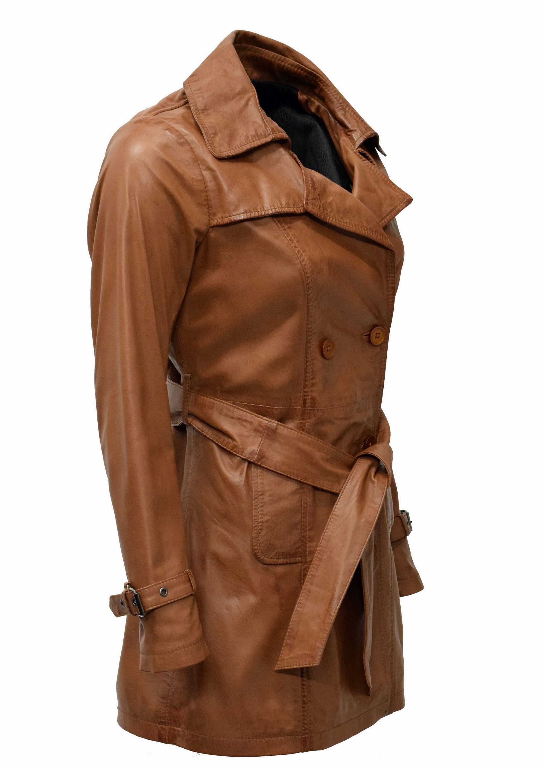 Zimmert Leather Ledermantel Anna Trenchcoat Washed Lammnappa Mantel Cognac Braun Schwarz – Bild 3 von 4