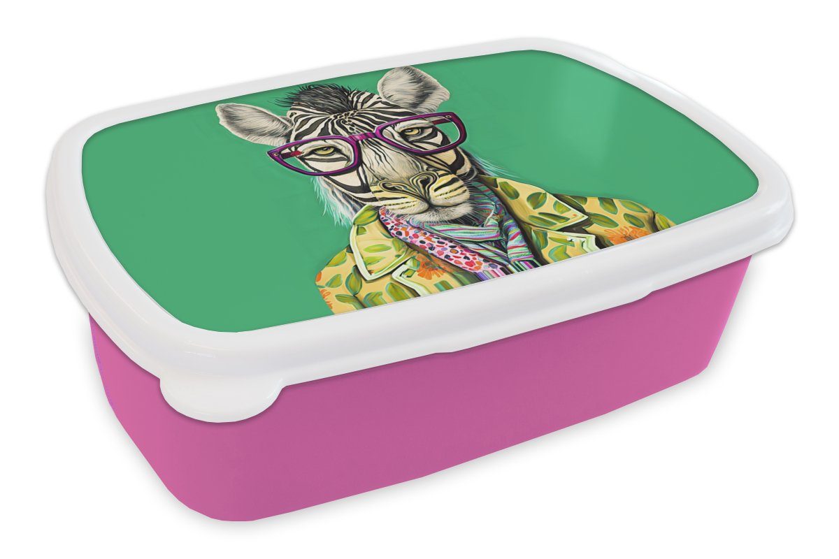 MuchoWow Lunchbox Zebra - Brille - Hippie - Blumen - Tiere, Kunststoff, (2-tlg), Brotbox für Erwachsene, Brotdose Kinder, Snackbox, Mädchen, Kunststoff rosa