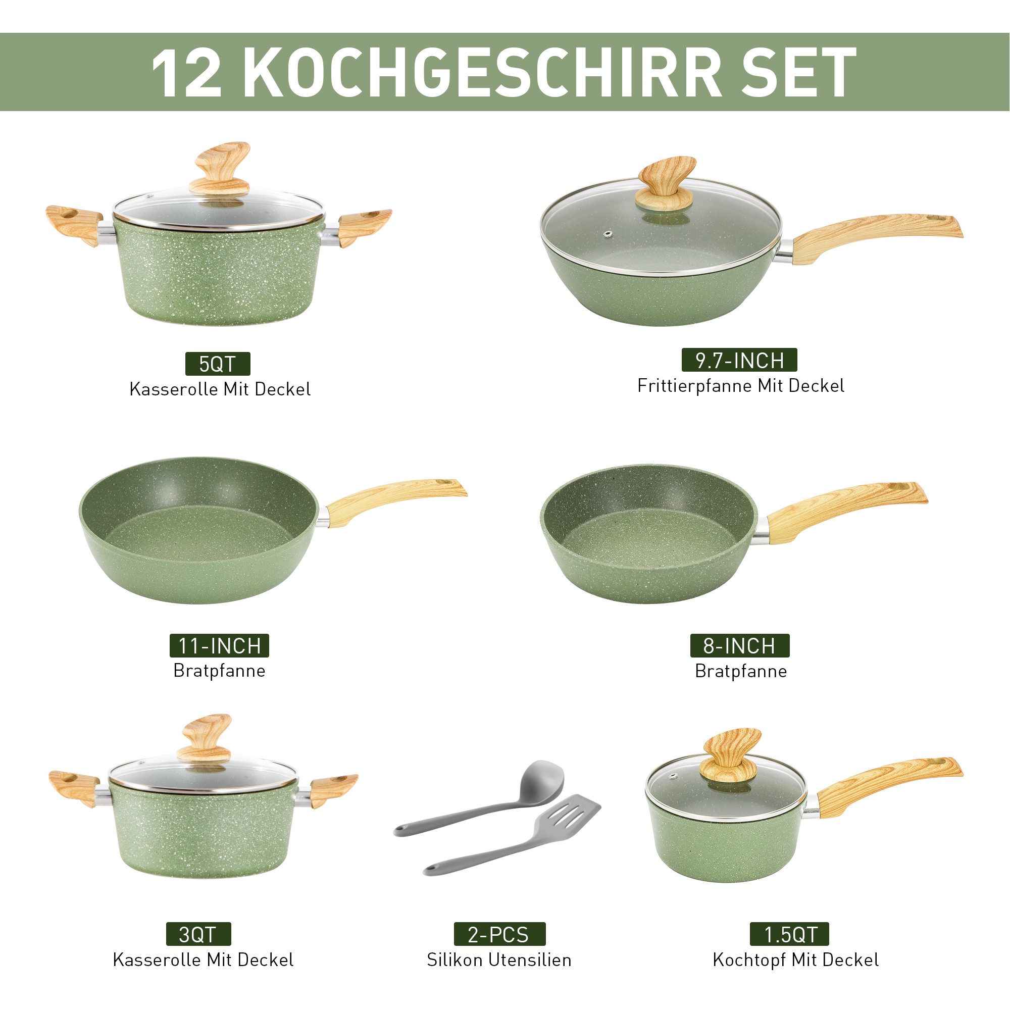 Kitchen Academy Topf-Set, Aluminium, Granit (12-tlg, Pfanne 20cm/28cm, Bratpfanne mit Deckel 24cm, Stielkasserolle mit Deckel 17cm/20cm/24cm, 2 Silikonspatel), Induktion Töpfe Set 12-teilige Granit Kochtöpfe Set