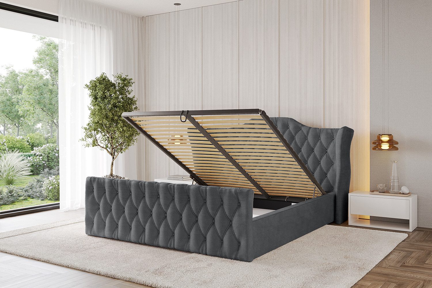 ALTDECOR Polsterbett ZORAN-Z (Polsterbett mit Bettkasten und Lattenrost, Boxbett mit Matratze), Doppelbett mit Stauraum, Bett mit Kopfteil
