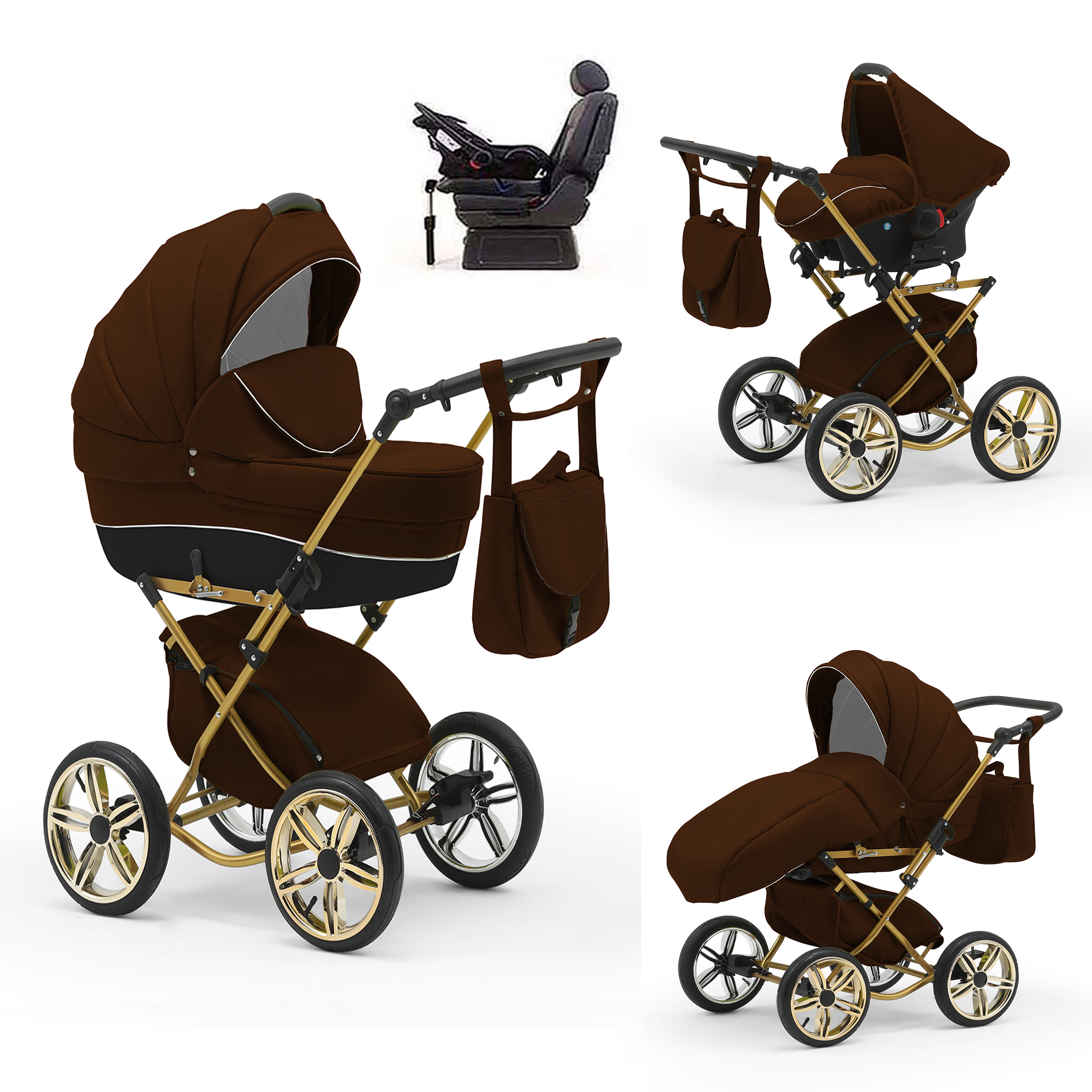 babies-on-wheels Kombi-Kinderwagen Sorento 4 in 1 inkl. Autositz und Iso Base - 14 Teile - in 10 Designs Braun