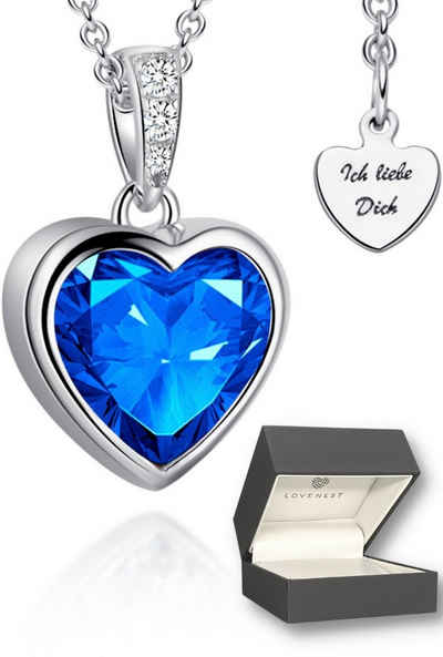 LOVENEST Herzkette Halskette Silber 925 mit blauem Stein Anhänger blau Damenkette Herz