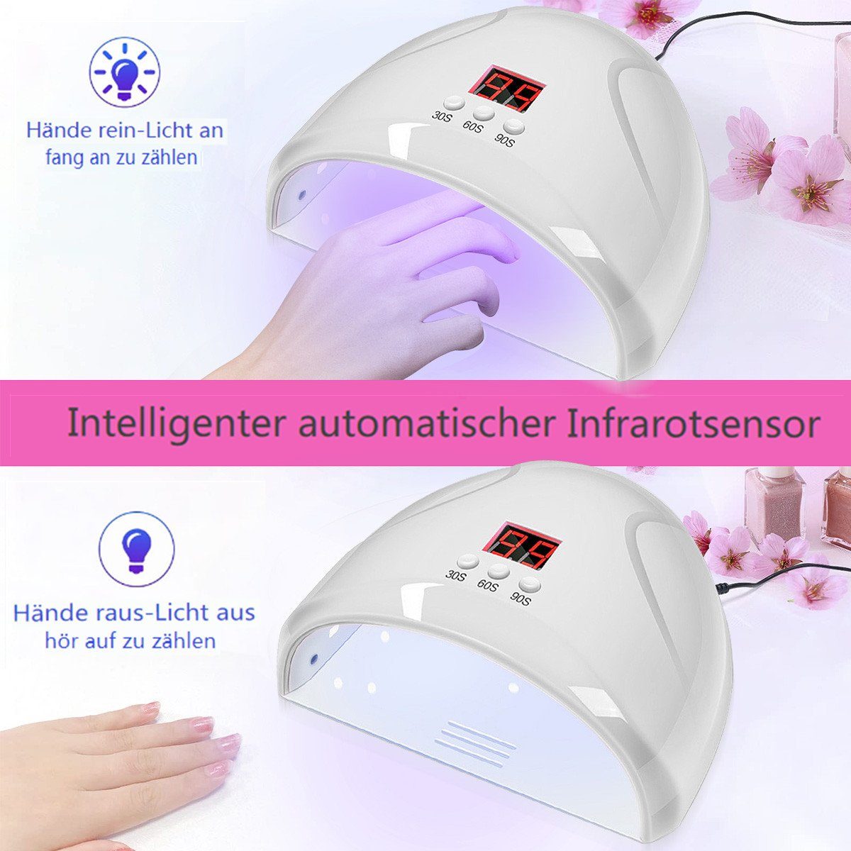 Timer 200W Nageltrockner Lichthärtungsgerät, LED mit UV Insma Lampe 3 Nagel