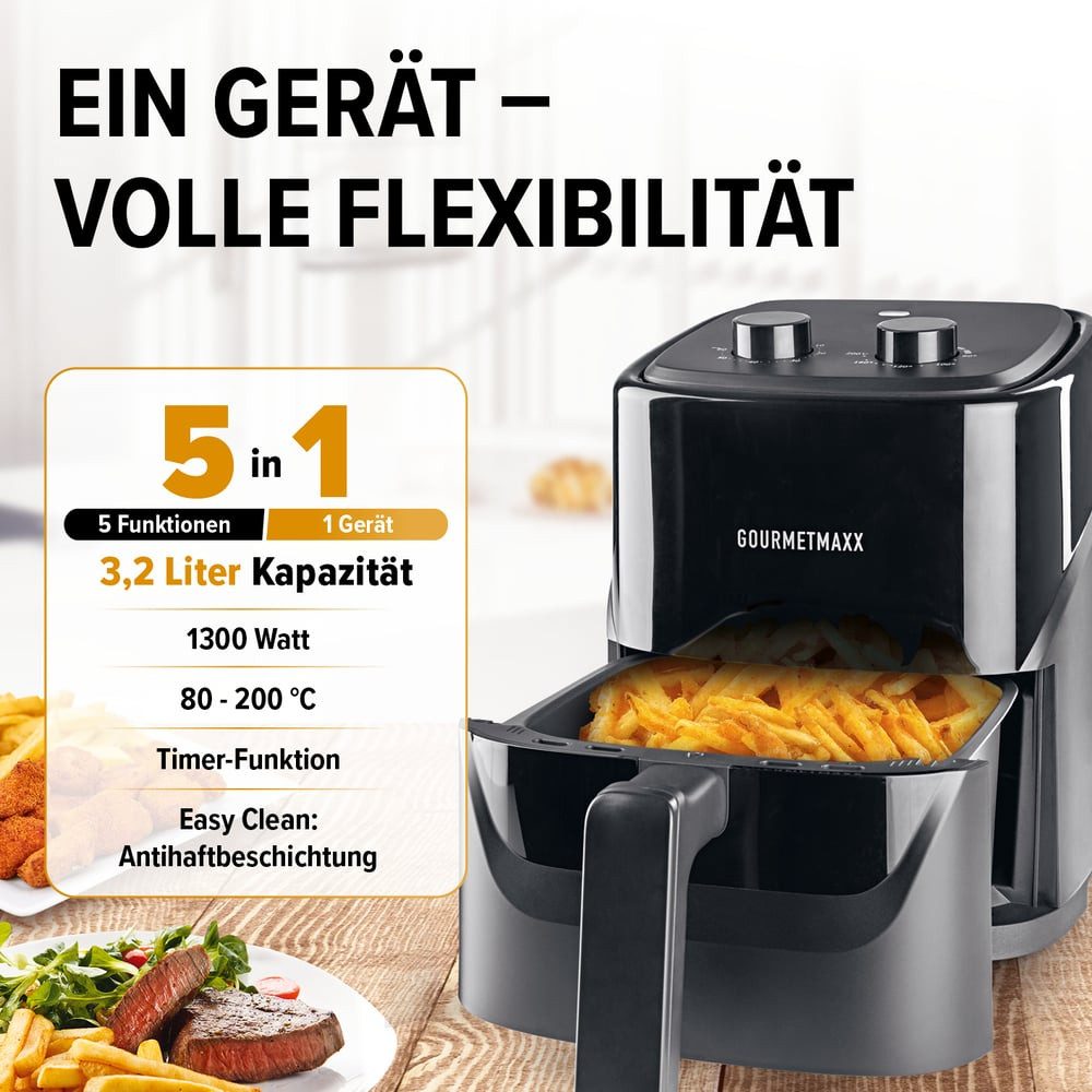 GOURMETmaxx Heißluftfritteuse GOURMETmaxx Heißluft-Fritteuse 1300W schwarz Mechanisch 3,2l, 1300 W, Fritteuse für bis zu 3 Personen, mechanische Drehregler, 5 P – Bild 2 von 5