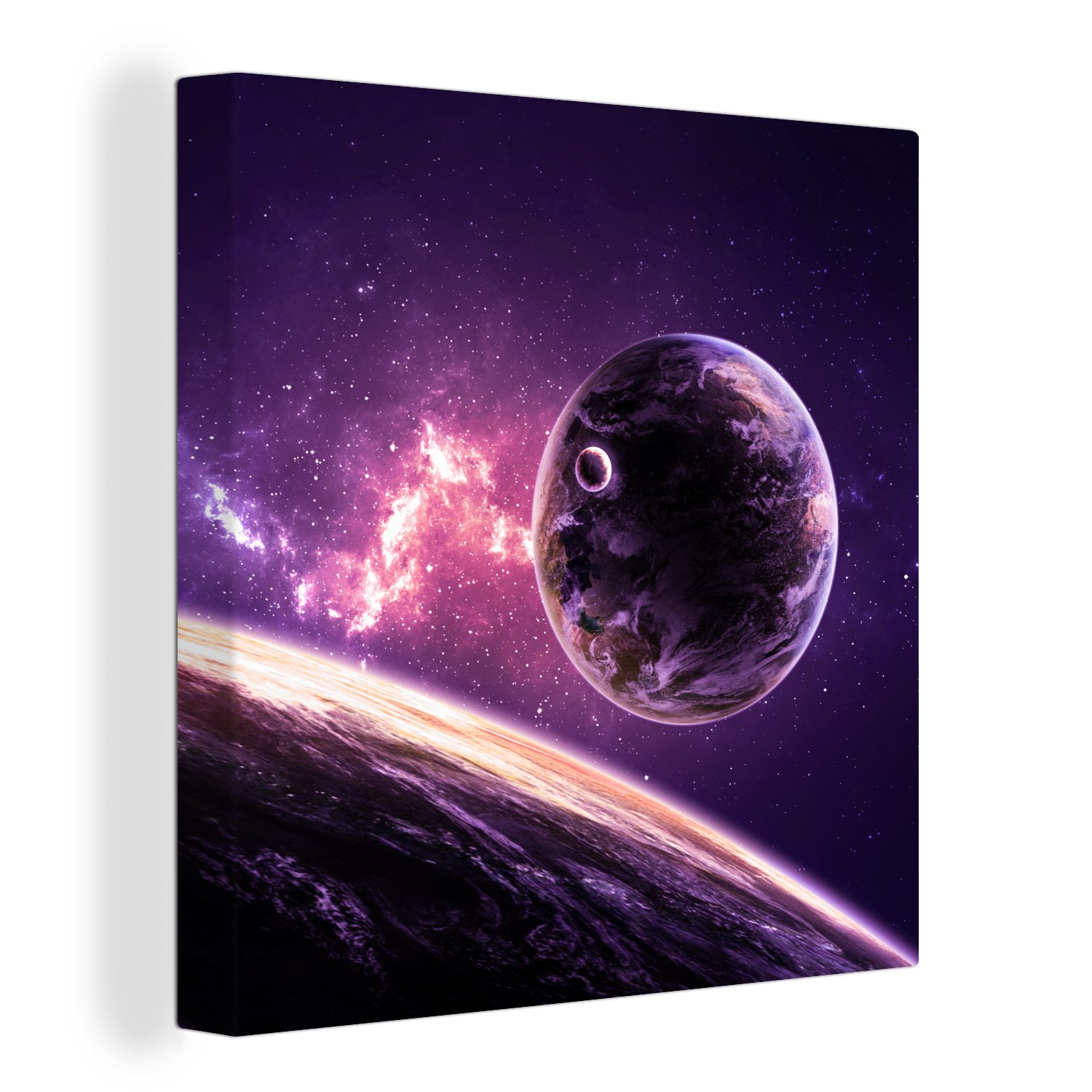 OneMillionCanvasses® Leinwandbild Planeten - Sterne - Lila, (1 St), Leinwand Bilder für Wohnzimmer Schlafzimmer