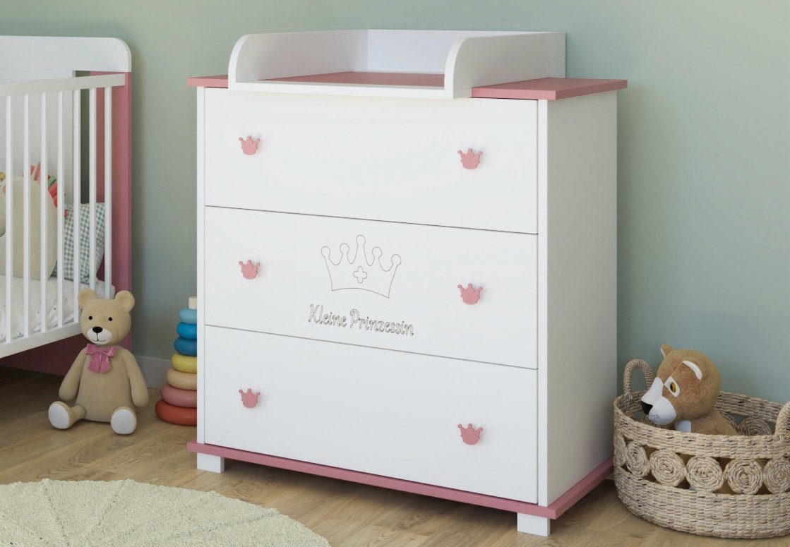 Kids Collective Wickelkommode Kommode Wickeltisch mit Wickelaufsatz mit 3 Schubladen, Kleine Prinzessin Gravur in weiss pink Mädchen Made in Europe