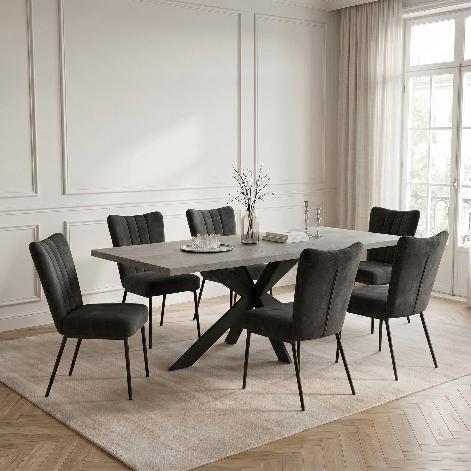 Jiexi Essgruppe Esstisch Ausziehbar 160-200cm mit Samtstühlen Metallbeine