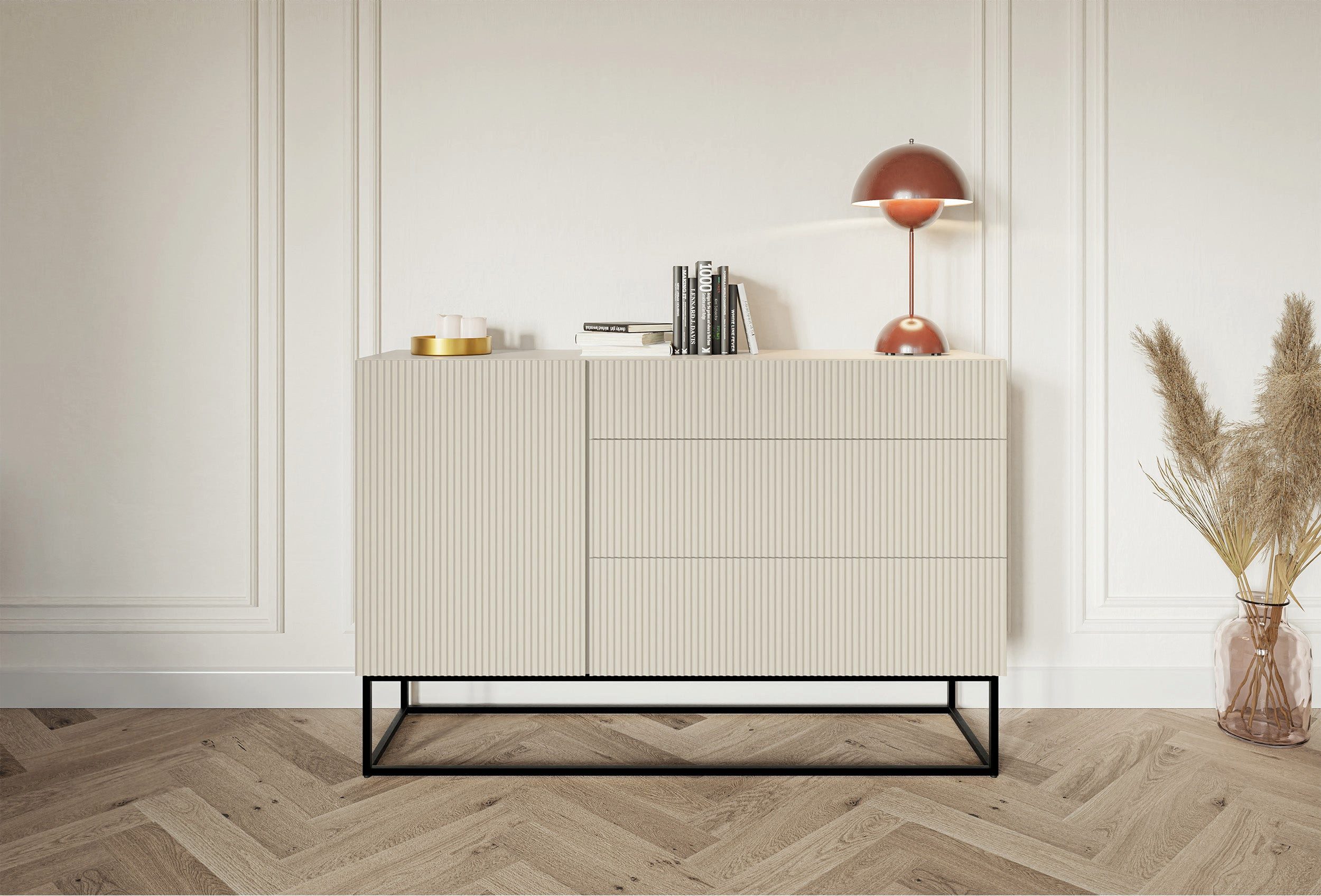 Selsey Sideboard VELDIO, 1-türig mit 3 Schubladen, greige mit schwarzem Gestell, 140 cm