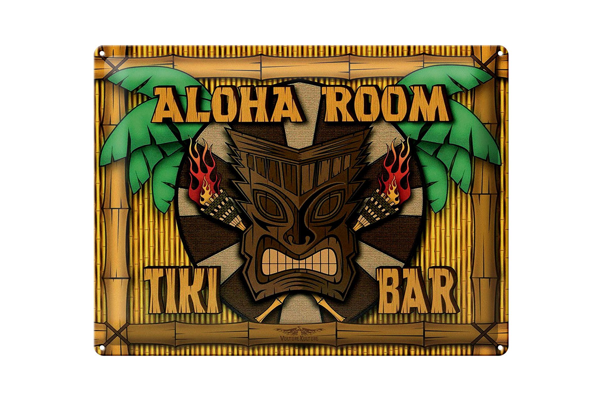 Femer GmbH Metallschild Hinweis 30x40 cm Aloha Room Tiki Bar, (1 St), gewölbte Oberfläche, abgerundete Ecken, umgeschlagene Kanten