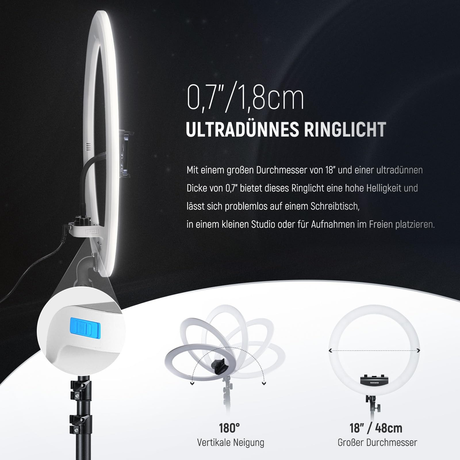 Neewer Ringlicht RP18B Professionelles Ringlicht, 45W, mit Ständer und Telefonhalter, Fernauslöser und App Steuerung, TLCI98, für Make up Live Stream TikTok