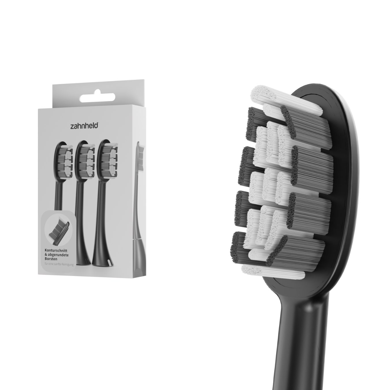 Zahnheld Aufsteckbürsten Ersatzbürsten Basic Medium - ideal für Schallzahnbürste Gero, im 3er, 6er oder 9er Set, Zahnpflege Set, mittelharte Wechselköpfe, plastikfrei verpackt, 3 Stück, schwarz