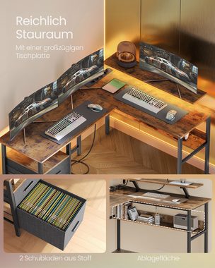 VASAGLE Schreibtisch, L-förmiger, mit Steckdosen, LED-Beleuchtung, USB-Anschlüsse