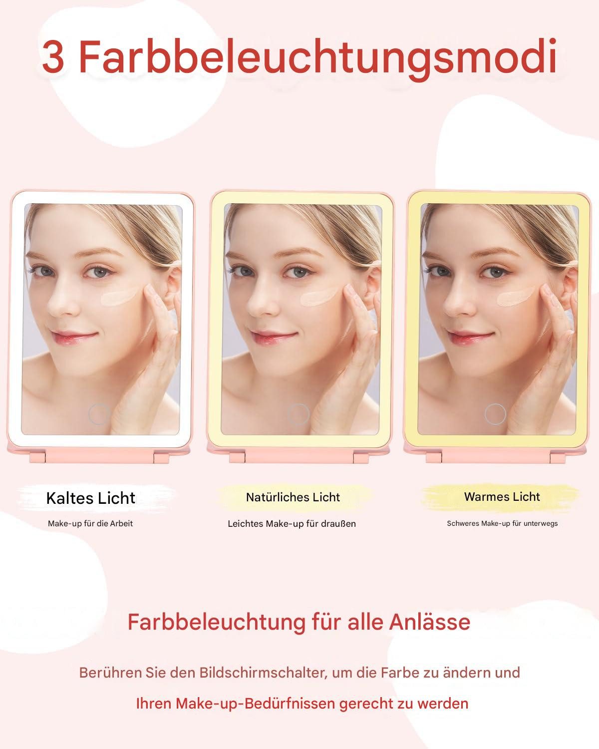 SinLaw Kosmetikspiegel Beleuchteter Schminkspiegel, Klappbarer Tischspiegel, Standspiegel, Faltbar, wiederaufladbar + 10-fache Lupe, dimmbar in 3 Lichtfarben