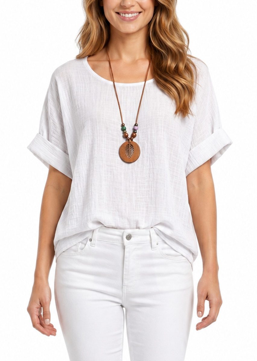 dy_mode Kurzarmbluse Damen Kurzarm Bluse Leichte Sommer Tunika Baumwollbluse Oberteil in Unifarbe, mit passende Kette