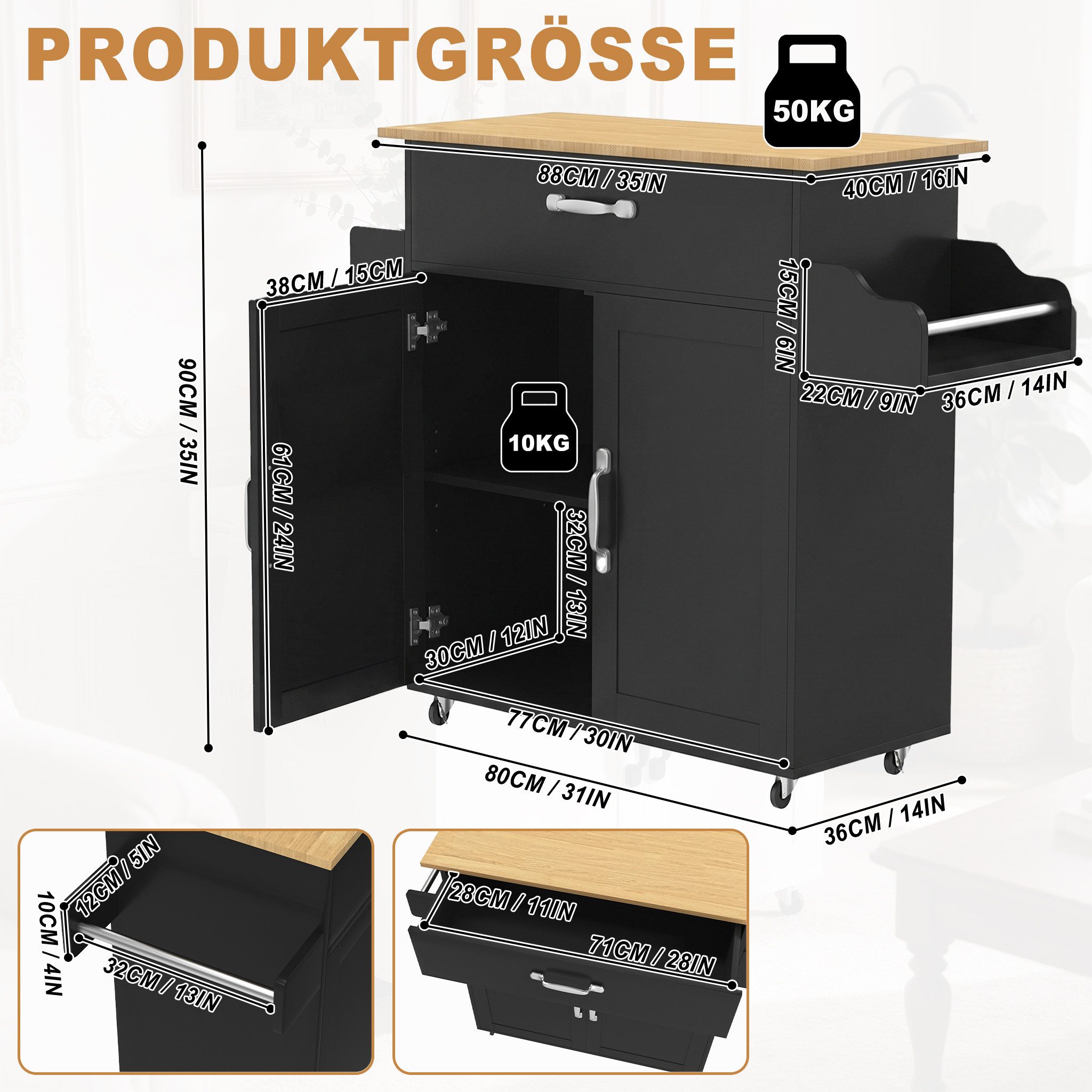 FIVMEN Küchenwagen Kücheninselwagen auf Rollen Küchen Wagen Küchenschrank 115x36x90cm, Für Küche, Wohnzimmer, Esszimmer – Bild 2 von 5