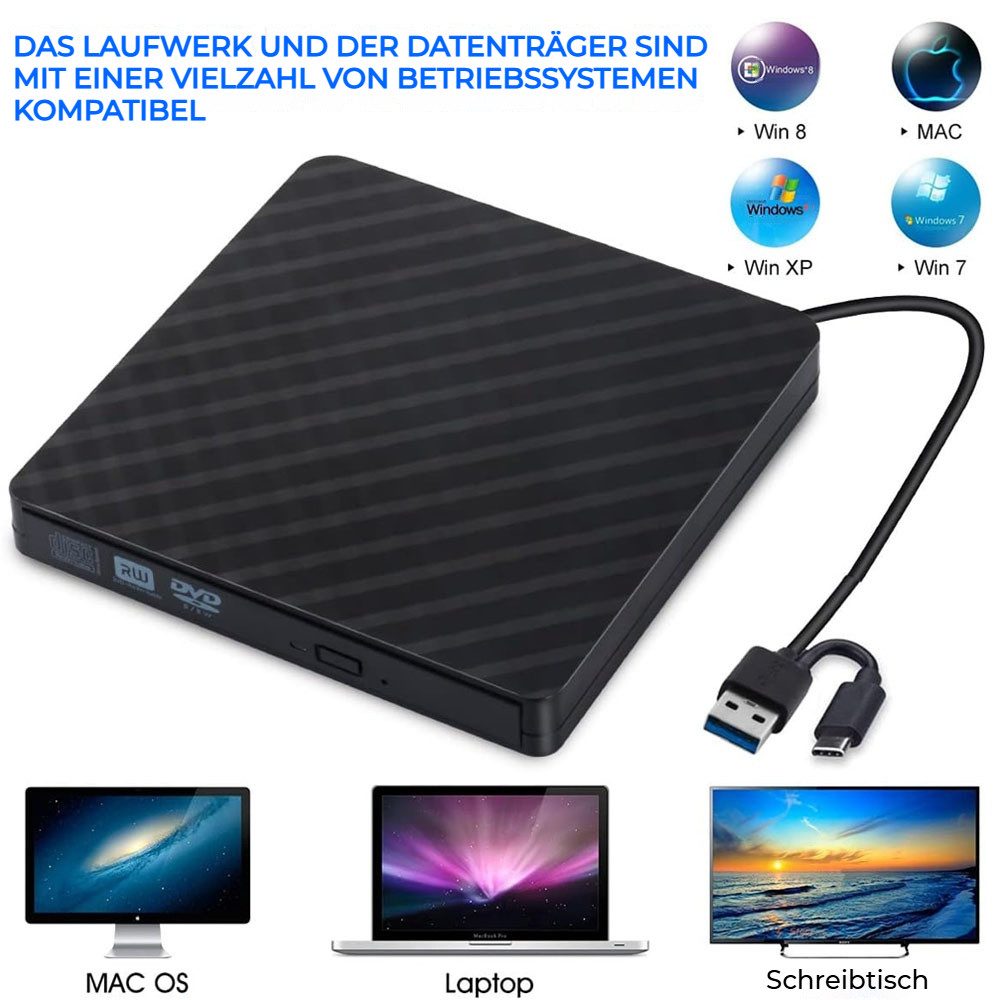 PRIISF External CD DVD +/-RW ROM Optical Drive Rewriter Writer USB 3.0,Type-C DVD-Brenner (Slim CD/DVD ROM Portable Laufwerk Brenner, DVD 8x/CD 24x, Für alle Notebook Desktop PC Laptop-Mac OS,Windows11)