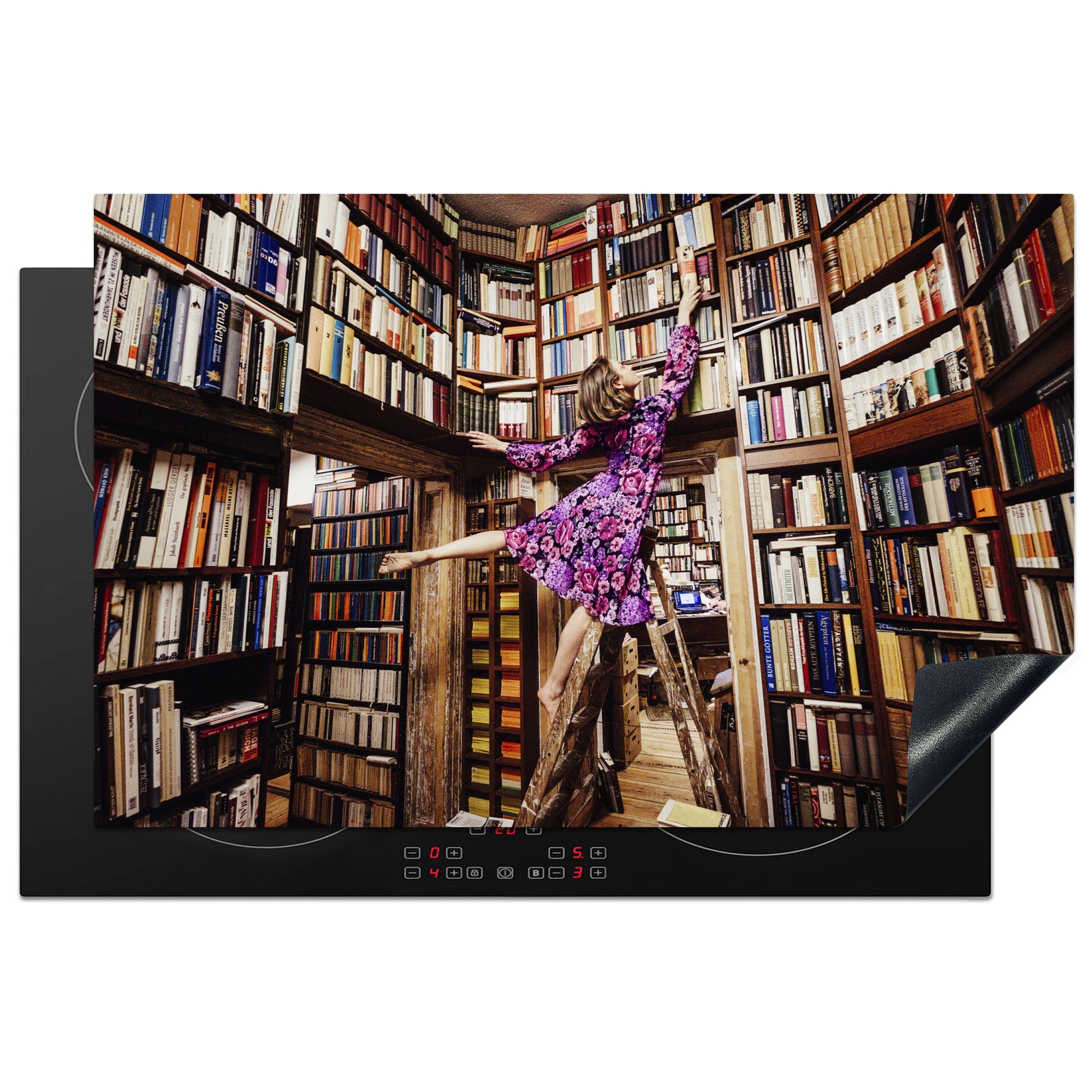 MuchoWow Herdblende-/Abdeckplatte Frau auf einer Leiter in der Bibliothek, Vinyl, (1 tlg), 81x52 cm, Induktionskochfeld Schutz für die küche, Ceranfeldabdeckung