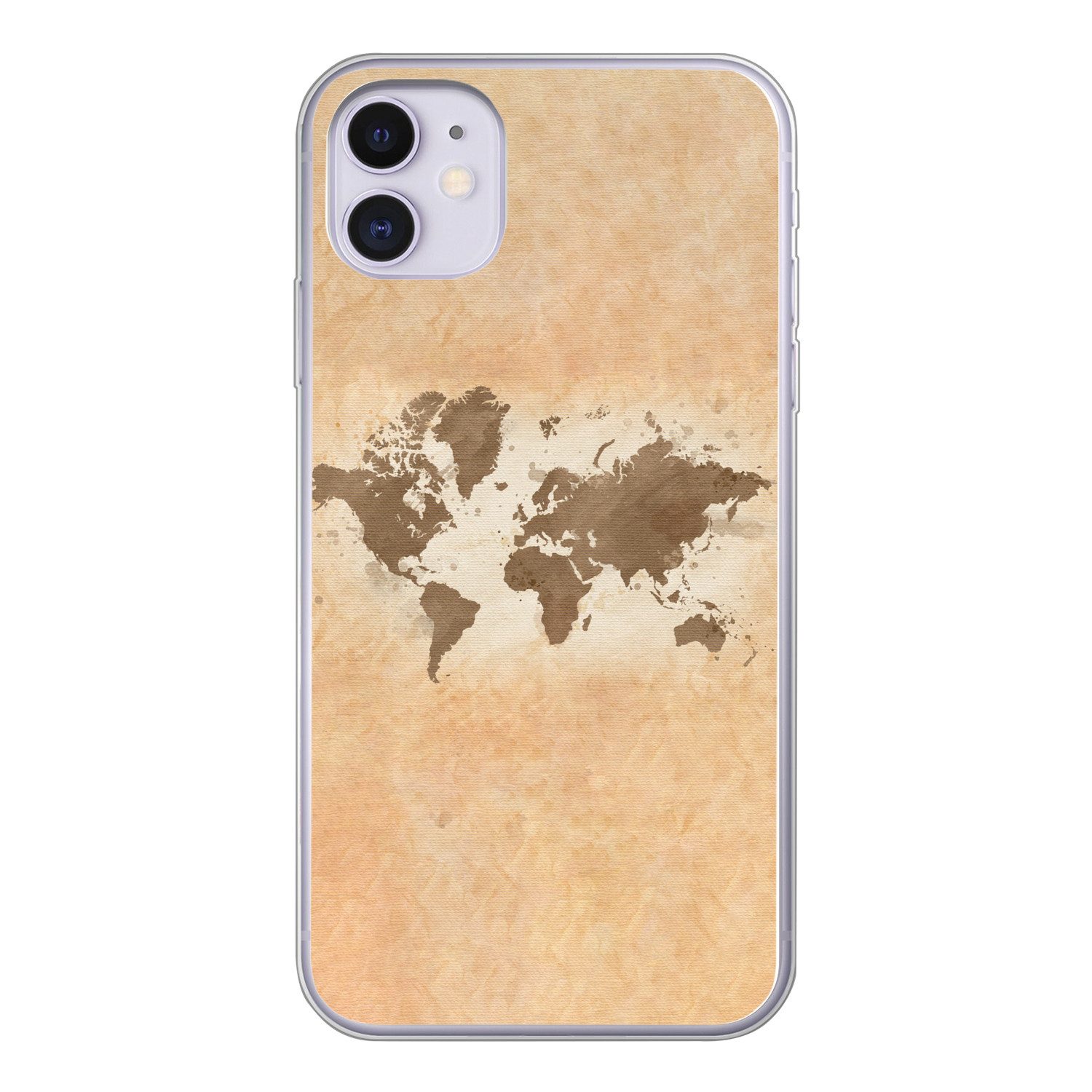 MuchoWow Handyhülle für Apple iPhone 11 Weltkarte - Beige - Braun, Smartphone-Bumper, Print, Handy Schutzhülle Dünn