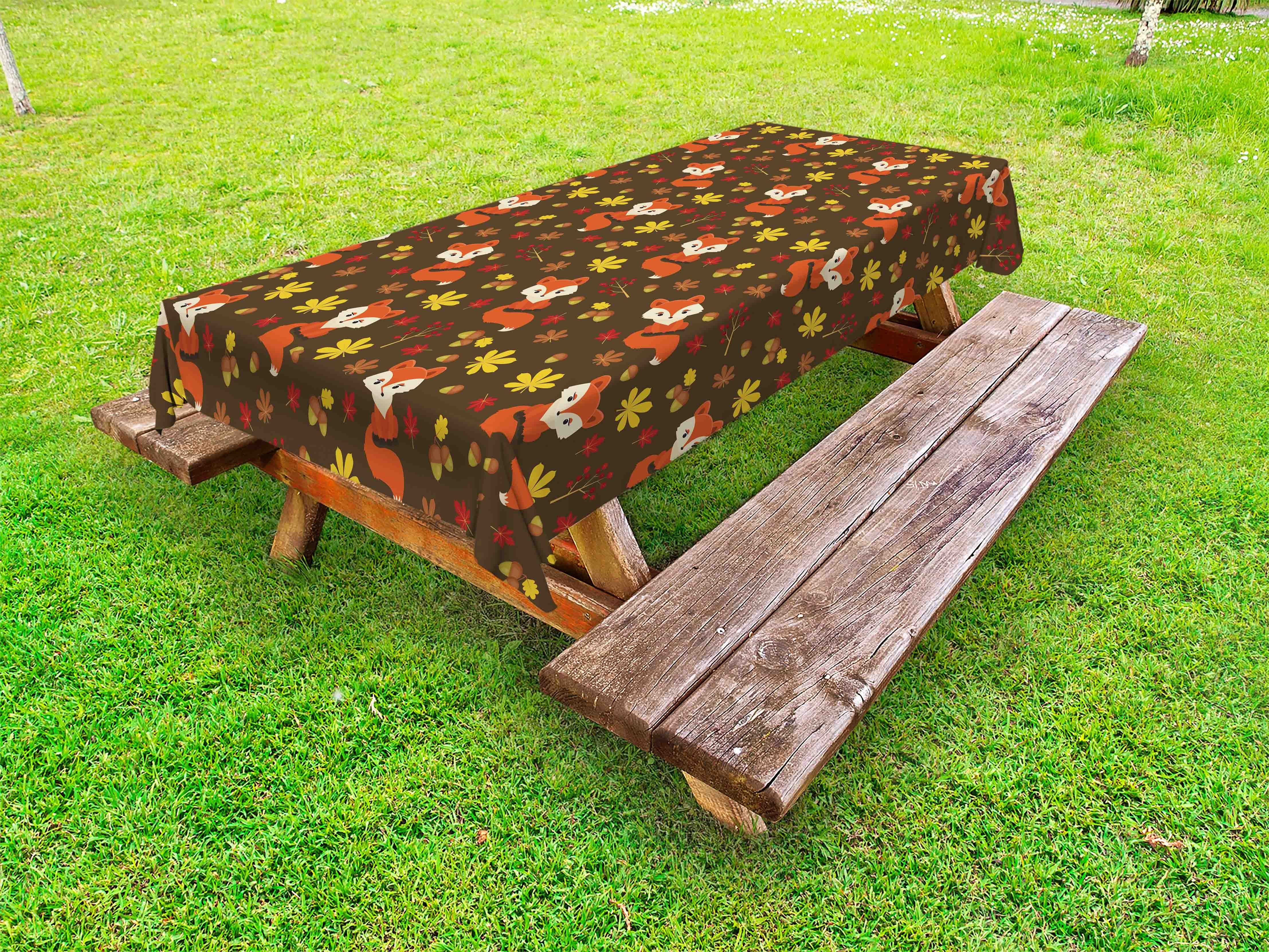 Abakuhaus Tischdecke dekorative waschbare Picknick-Tischdecke, Burnt Orange Blätter, Eicheln und Füchse