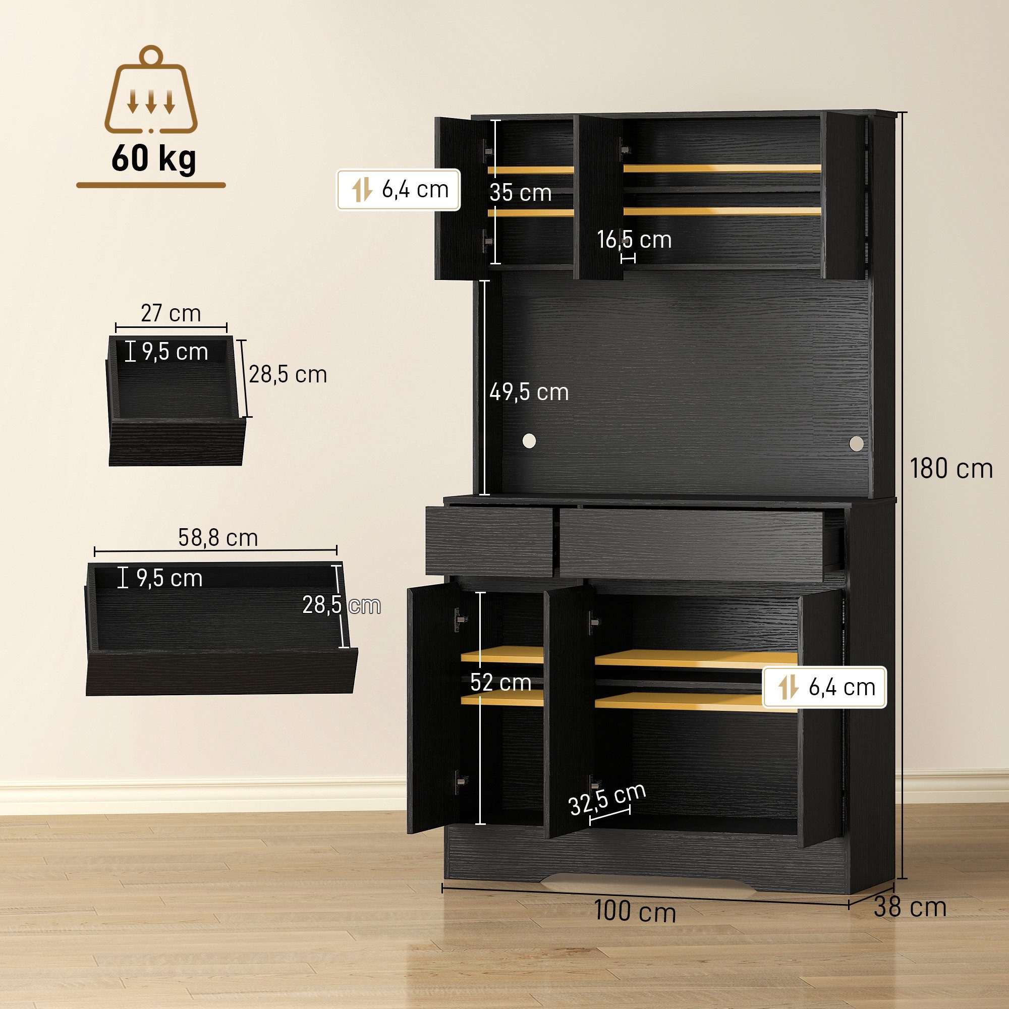 HOMCOM Küchenbuffet Küchenschrank Buffetschrank mit Arbeitsplatte, 6 Türen (Mikrowellenschrank, 1-St., Hochschrank) mit Modernem Design, Schwarz