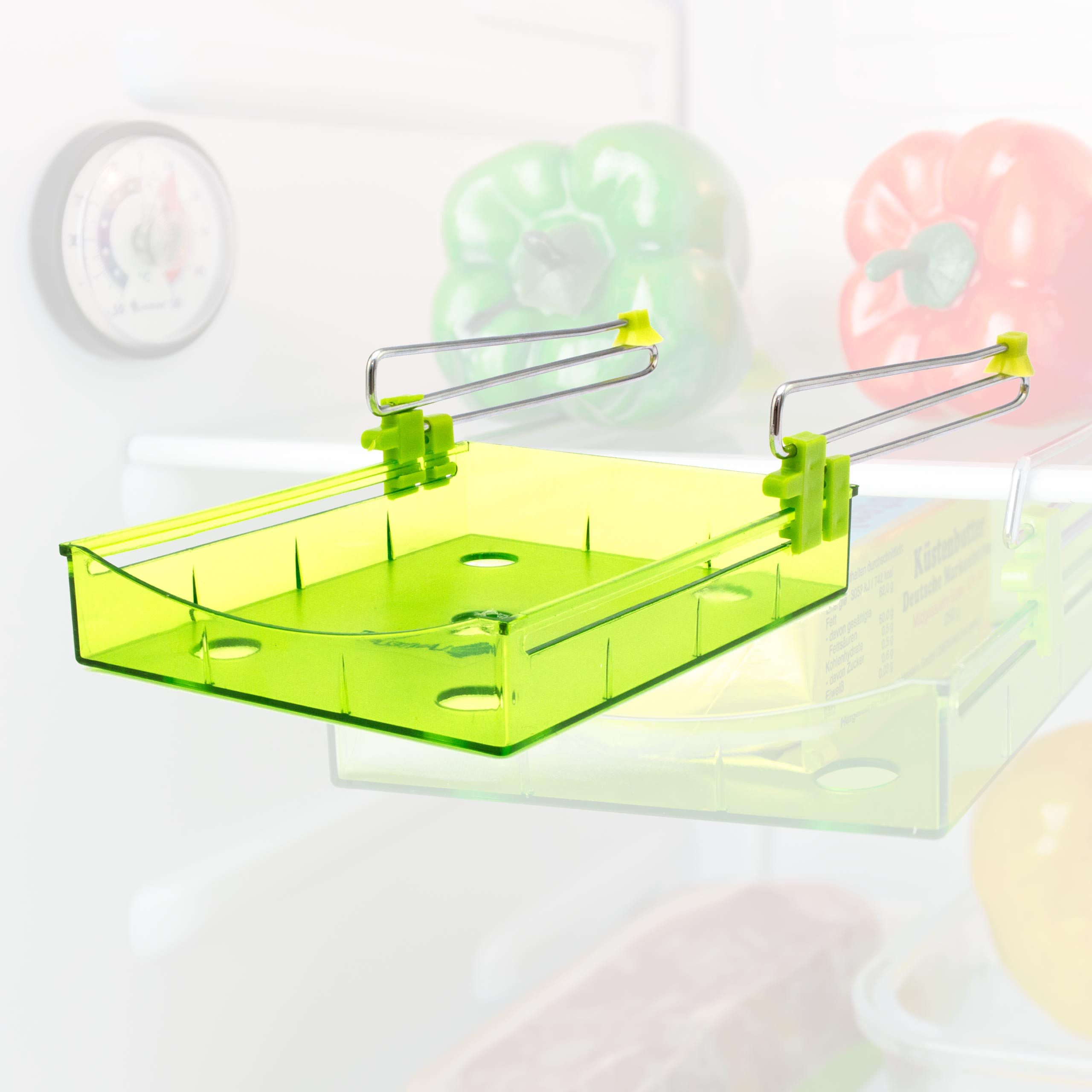 Lantelme Montagezubehör Kühlschrank 3 Stück Set mini Zusatz Schublade mit Saugnäpfen für Kühlschränke (Zubehör Zusatzfach für Lebensmittel, Medikamente, Tropfen, Salben), Fach Kunststoff in Grün, ausziehbar, Befestigung über Saugnäpfe